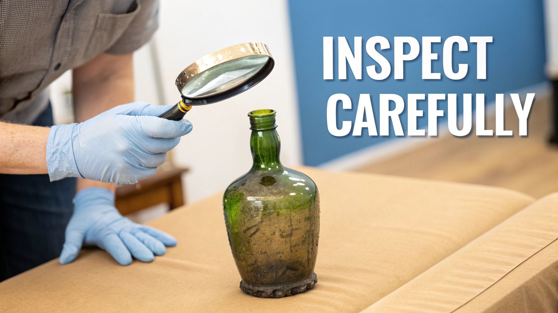 A gloved person inspects an antique green glass bottle with a magnifying glass on a brown surface.