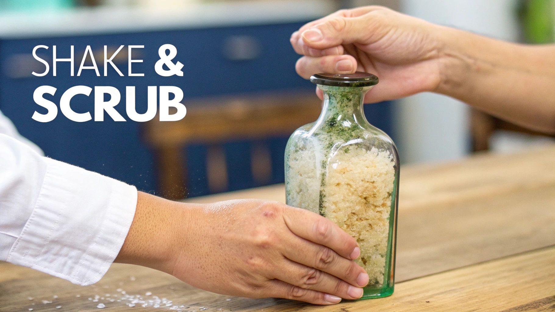A person shaking a glass bottle filled with rice and soapy water to clean the inside.