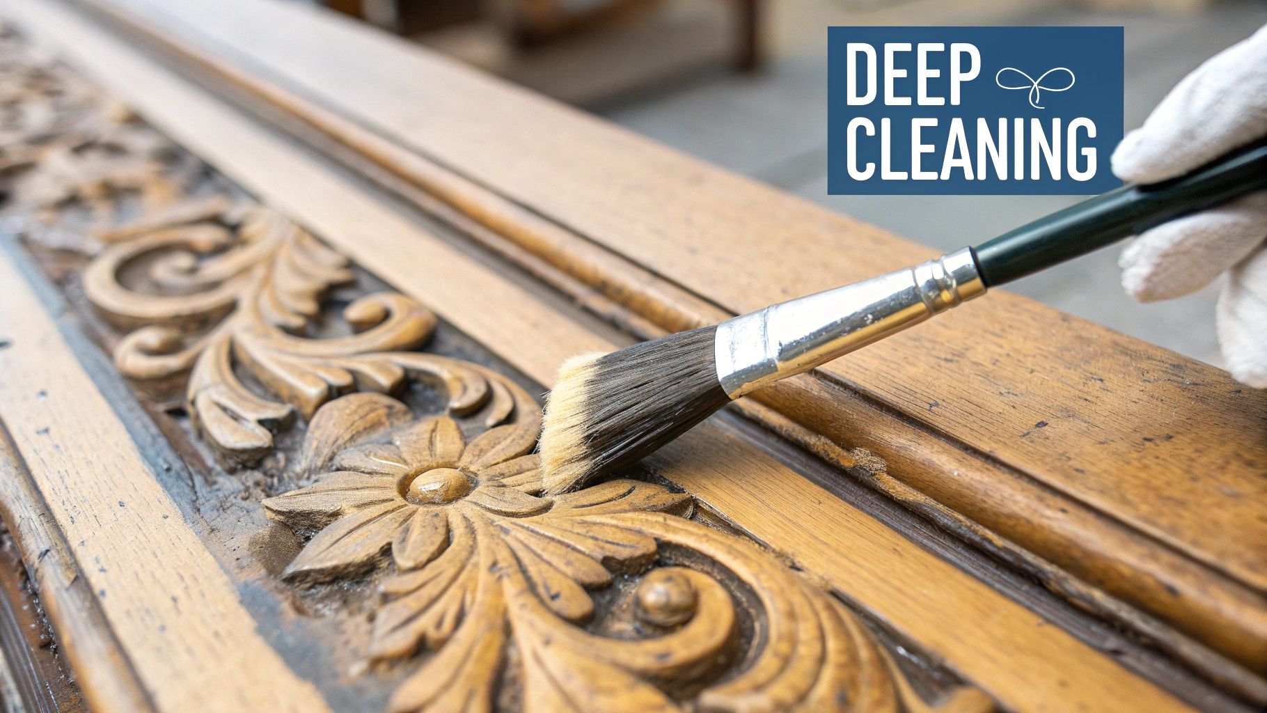 A person carefully cleaning an antique wooden chair with a soft cloth, focusing on the details.