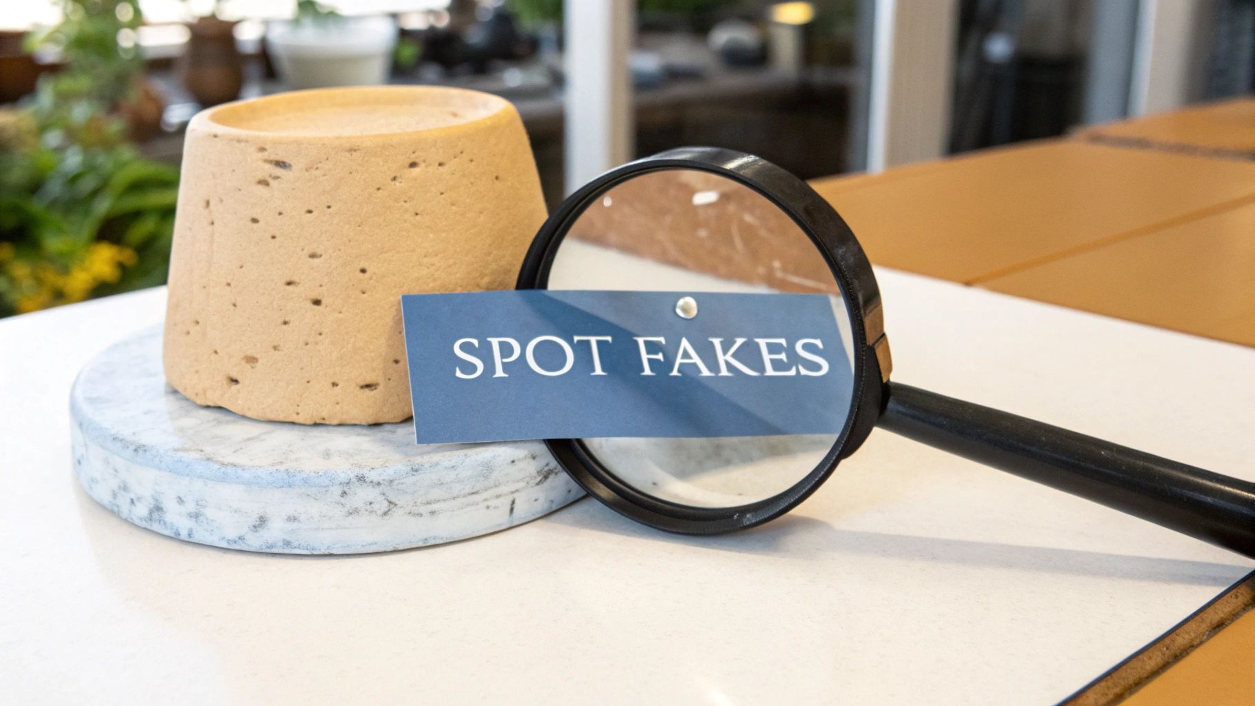 A person closely examining the bottom of a porcelain vase with a magnifying glass to check the markings.