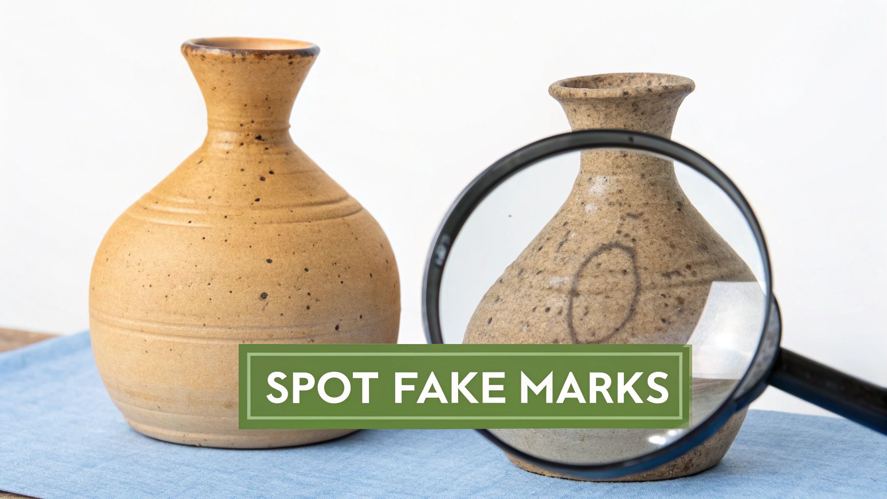 Two ceramic vases with a magnifying glass inspecting marks, highlighting how to spot fake pottery.