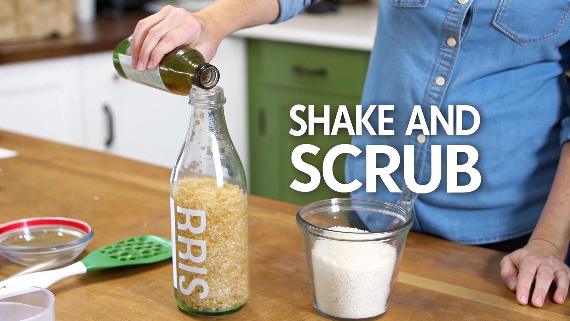 Person pouring liquid into a bottle of granular material for a DIY cleaning scrub.