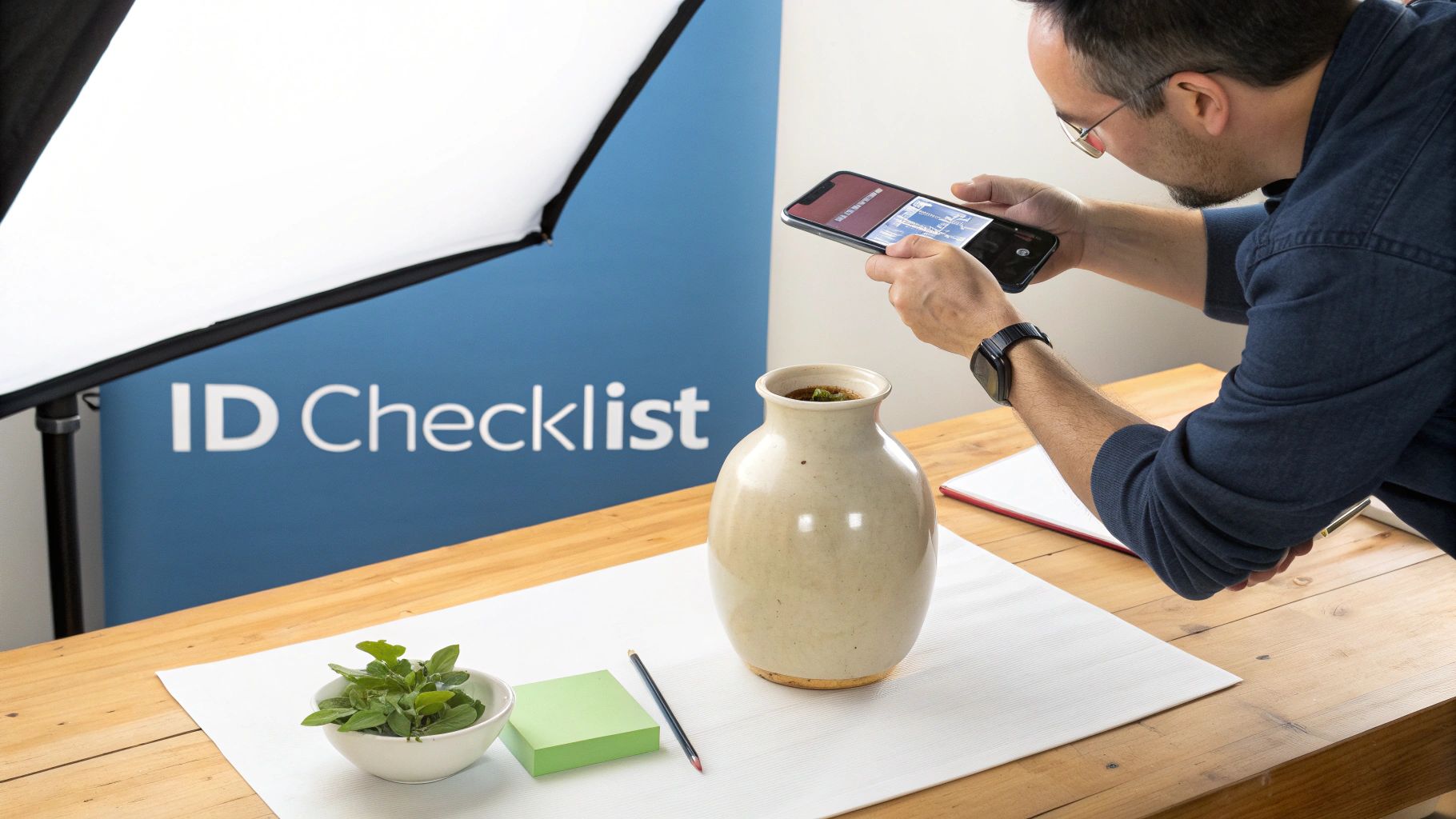 Person using a smartphone to photograph a ceramic vase on a table with a studio lighting setup.
