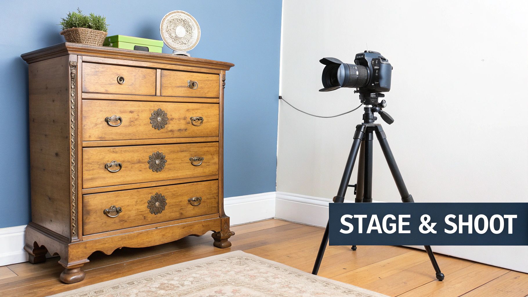 An antique wooden dresser staged for a professional product photoshoot with a camera.