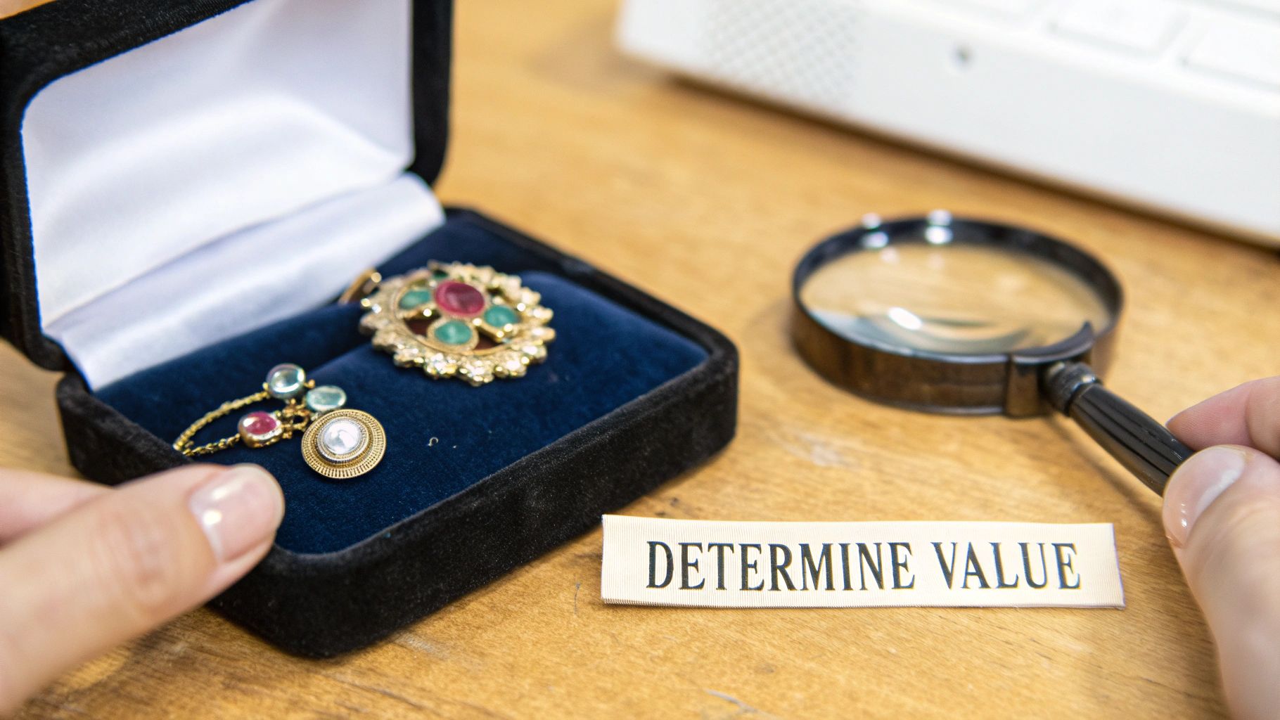 A hand holds vintage jewelry in a box with a magnifying glass and 'DETERMINE VALUE' text.