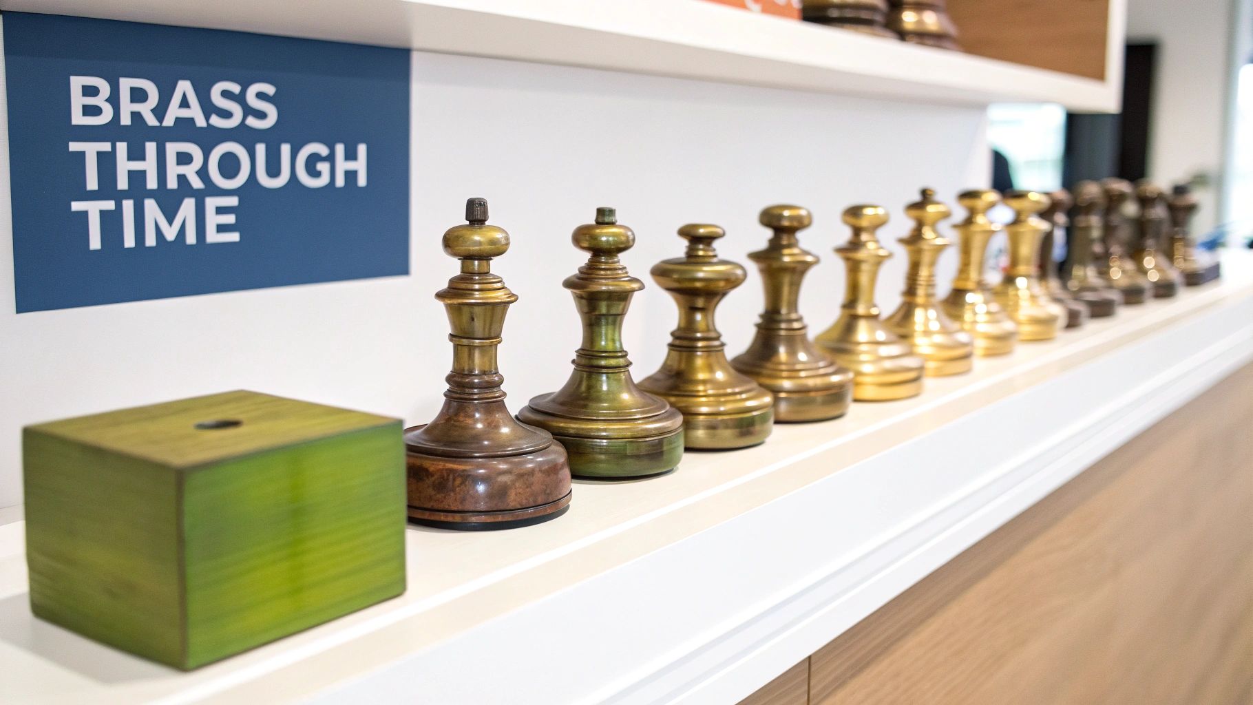 An assortment of historical antique brass inkwells from different eras