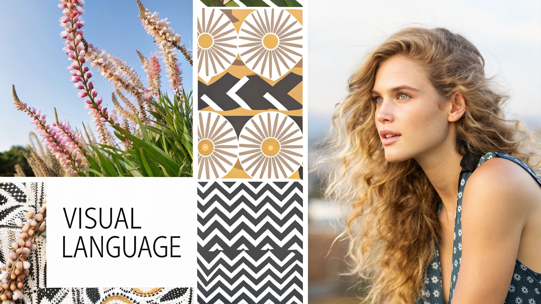 Collage featuring nature, diverse patterns, and a thoughtful woman, with 'VISUAL LANGUAGE' text.