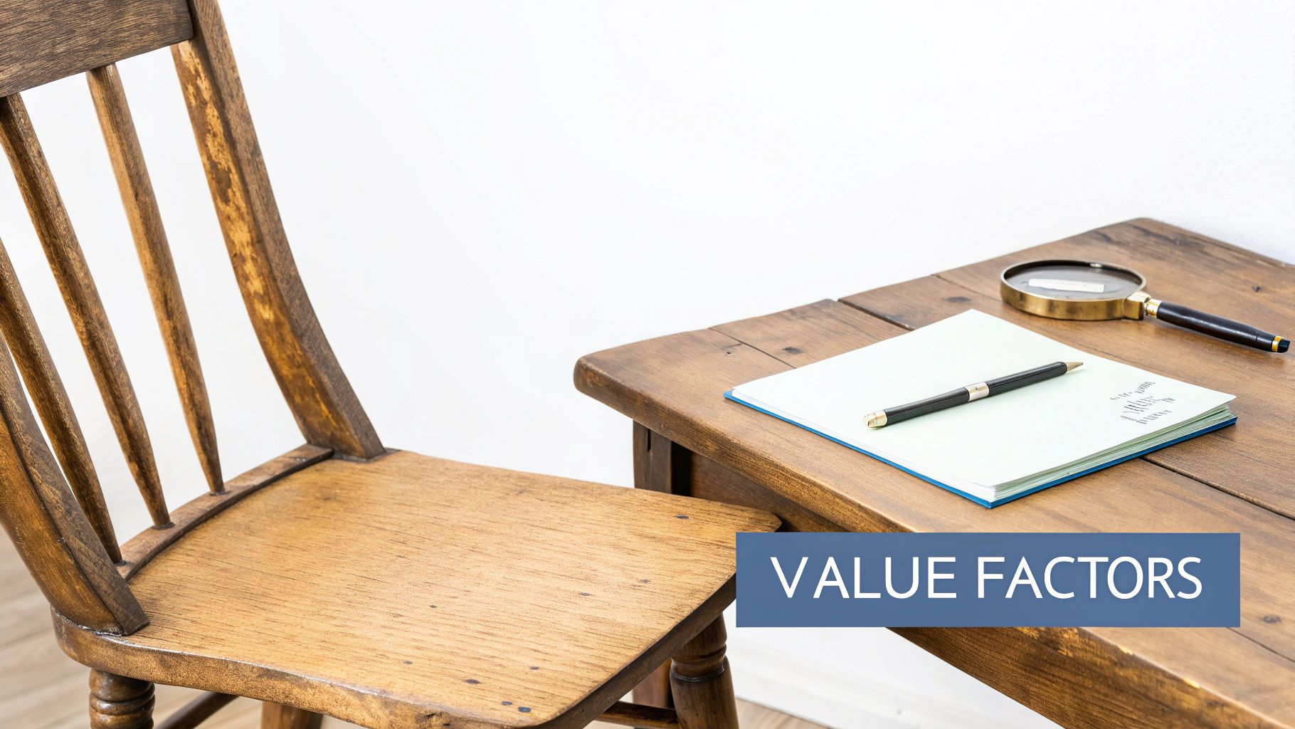 An antique wooden chair and table with a notebook, pen, magnifying glass, and 'VALUE FACTORS' text overlay.