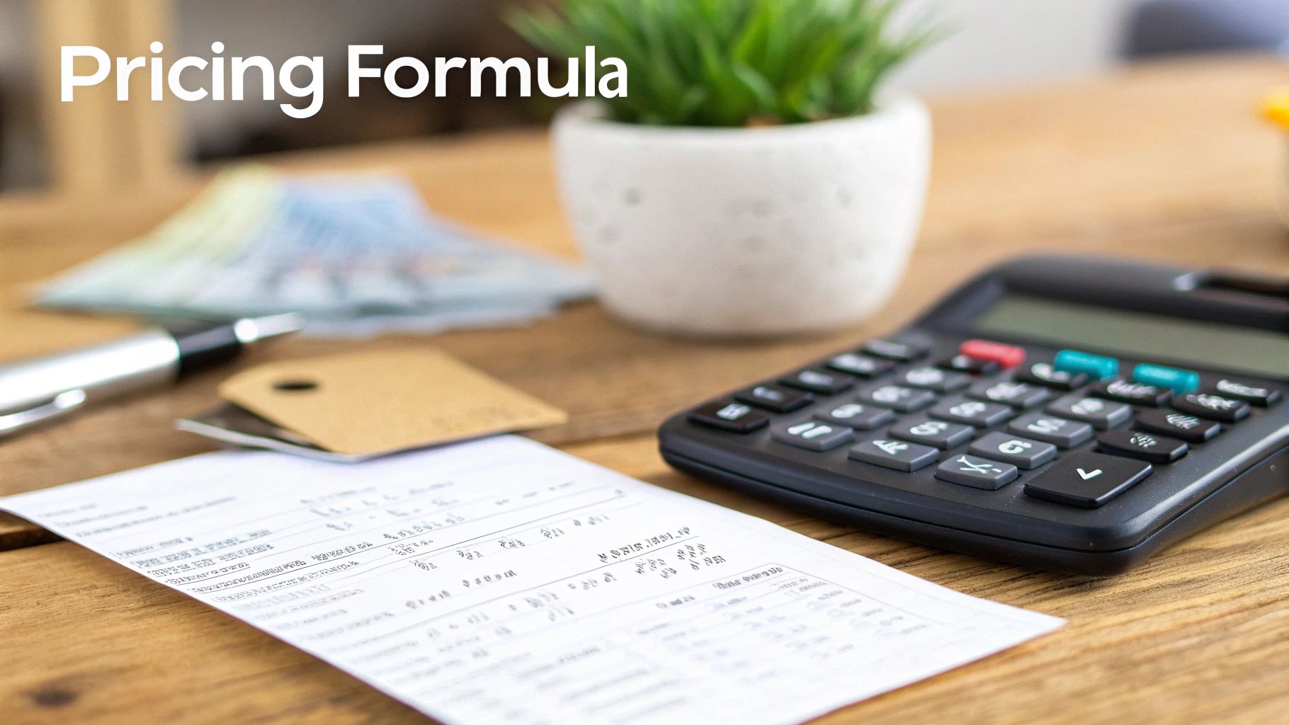 A calculator, pen, paperwork, and money on a desk with 'Pricing Formula' text overlay.