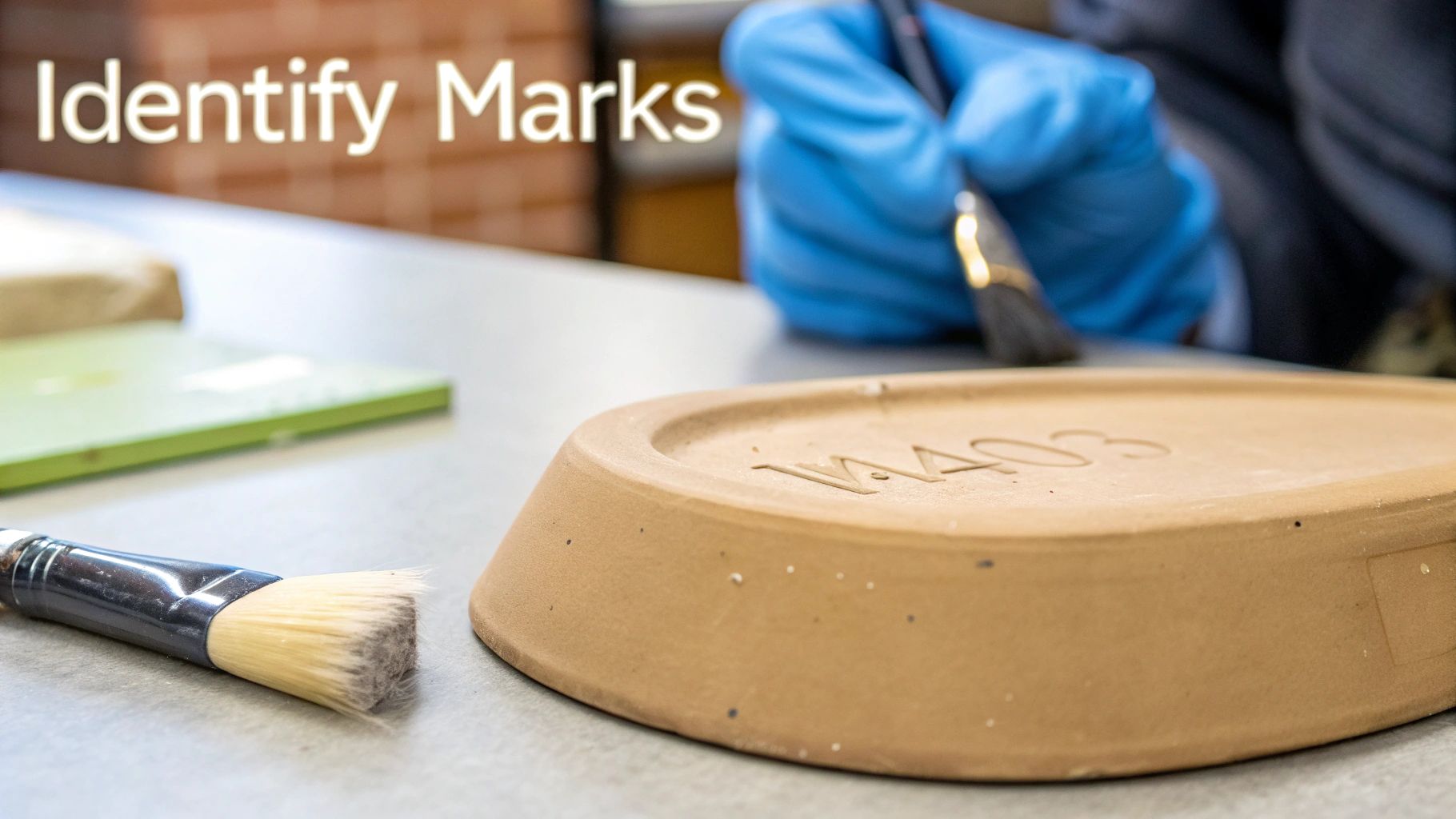 A person in blue gloves cleans a pottery artifact with a brush, revealing identification marks.