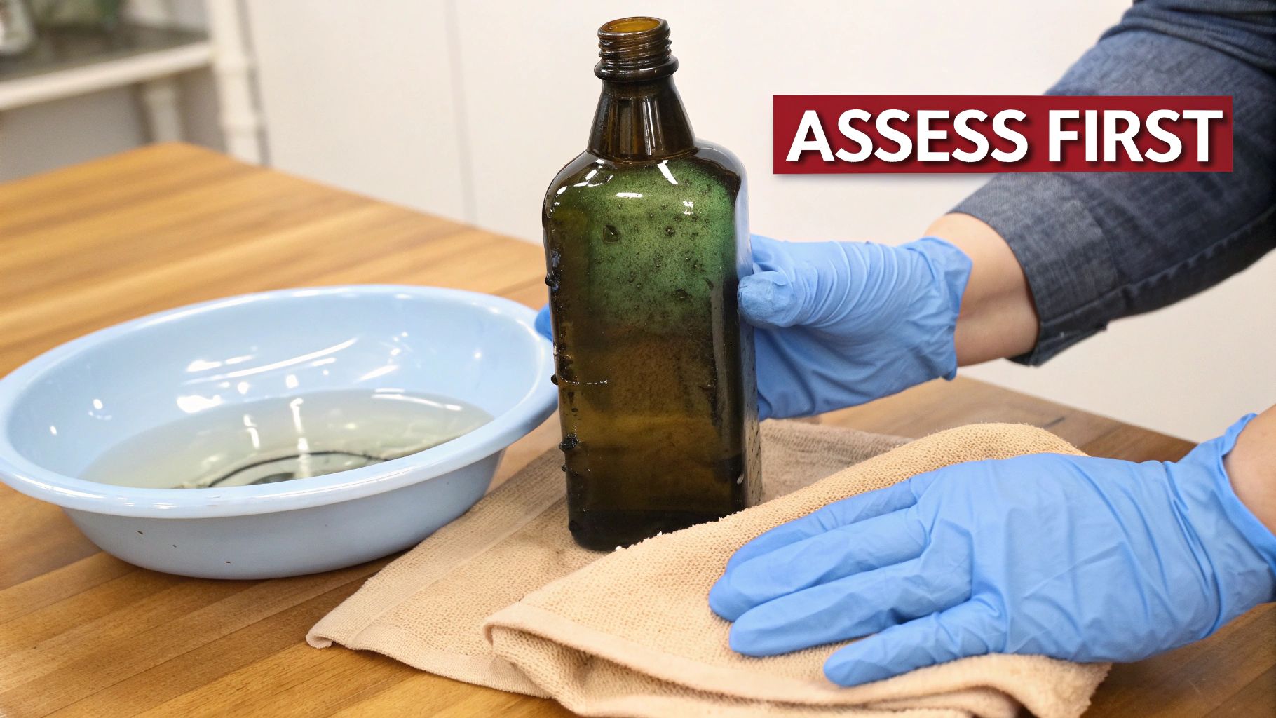 Person in blue gloves holding a dirty old glass bottle with water and a towel, assessing for cleaning.