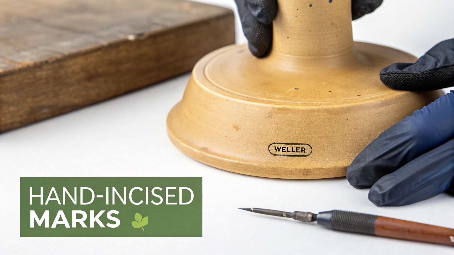 Hands in gloves hold a Weller pottery base, showcasing its distinct Weller mark and an incising tool.