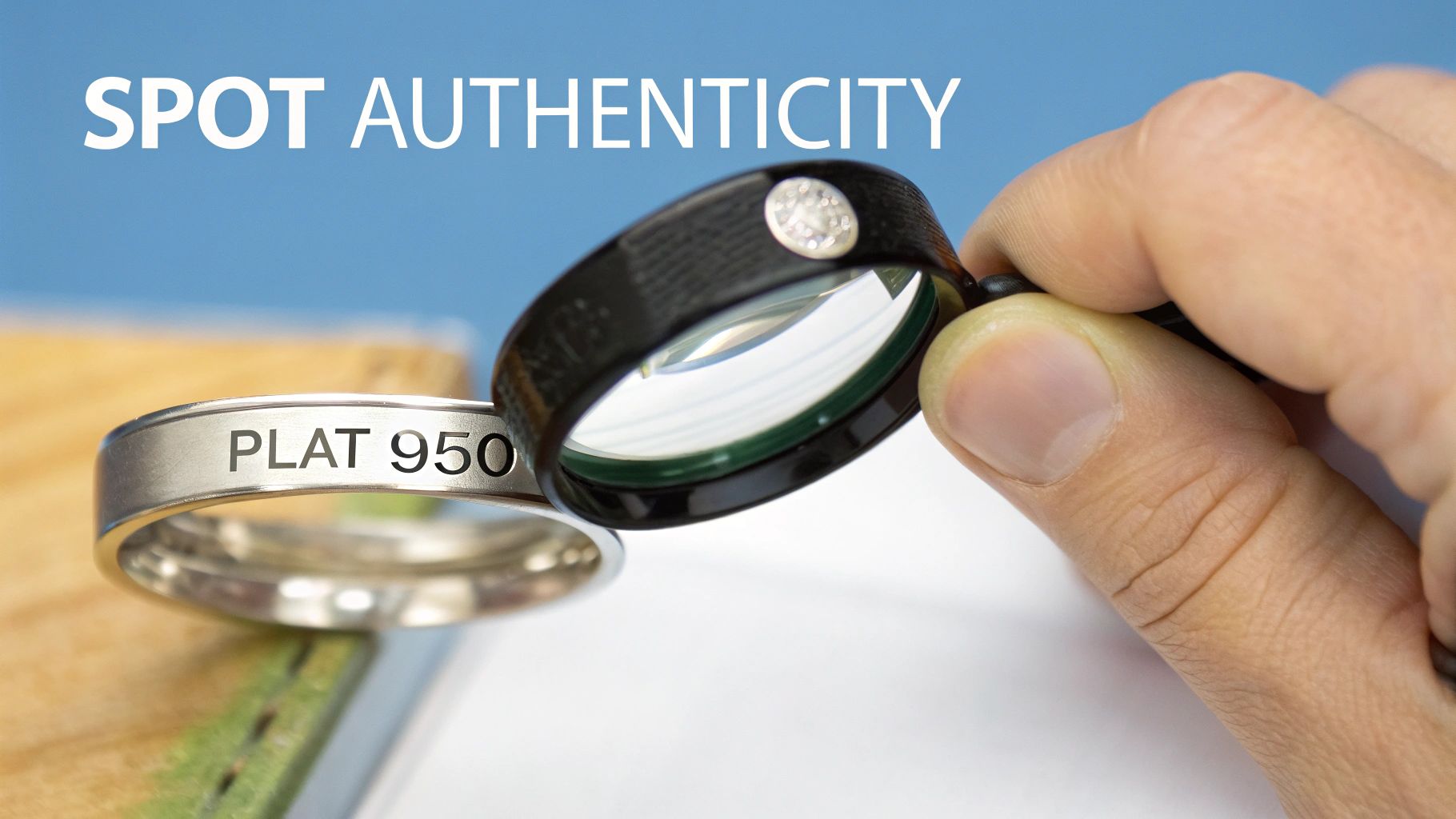 A magnifying glass held over an antique platinum ring, focusing on the tiny hallmarks stamped inside the band.