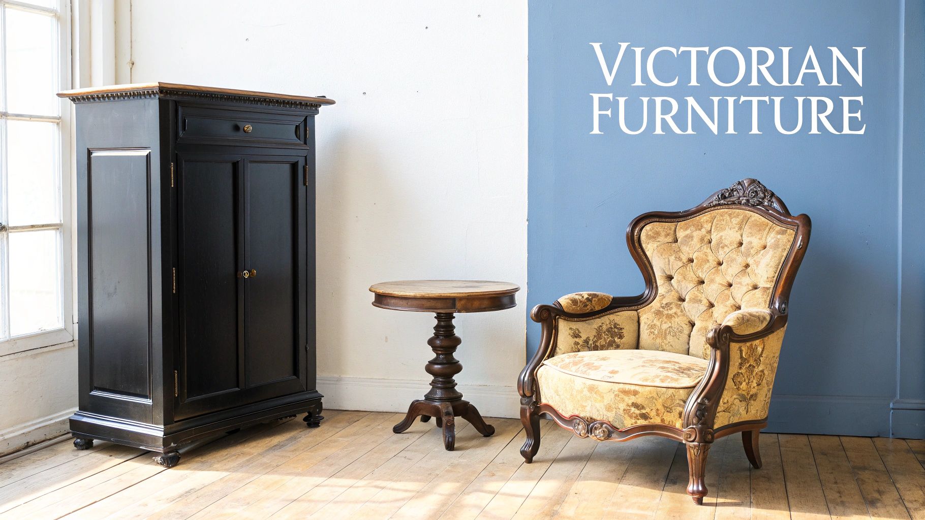 A richly decorated Victorian-era room with ornate furniture, including a heavily carved table and upholstered chairs.