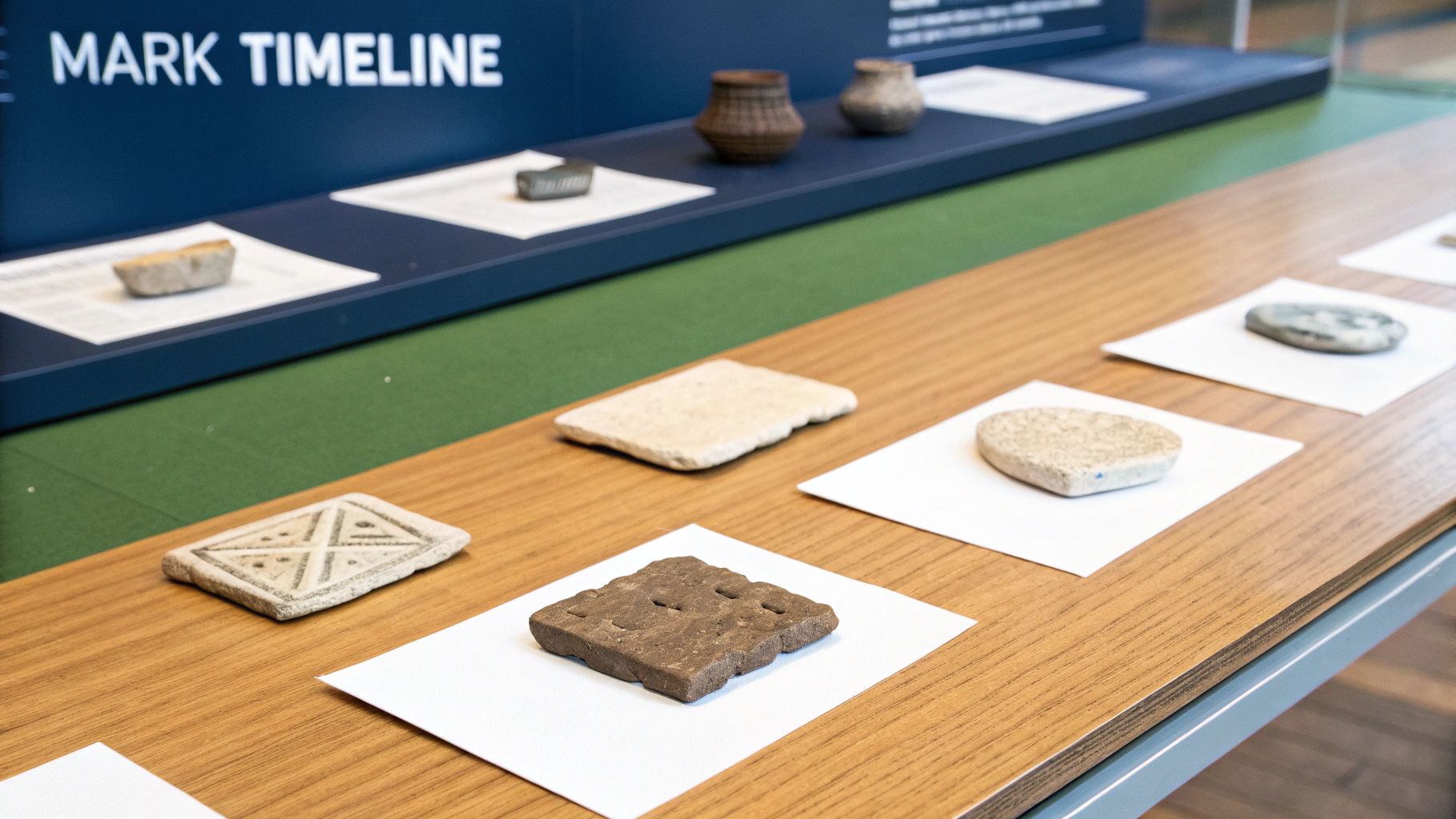 Historical timeline exhibit showcasing ancient pottery and carved stone artifacts on display.