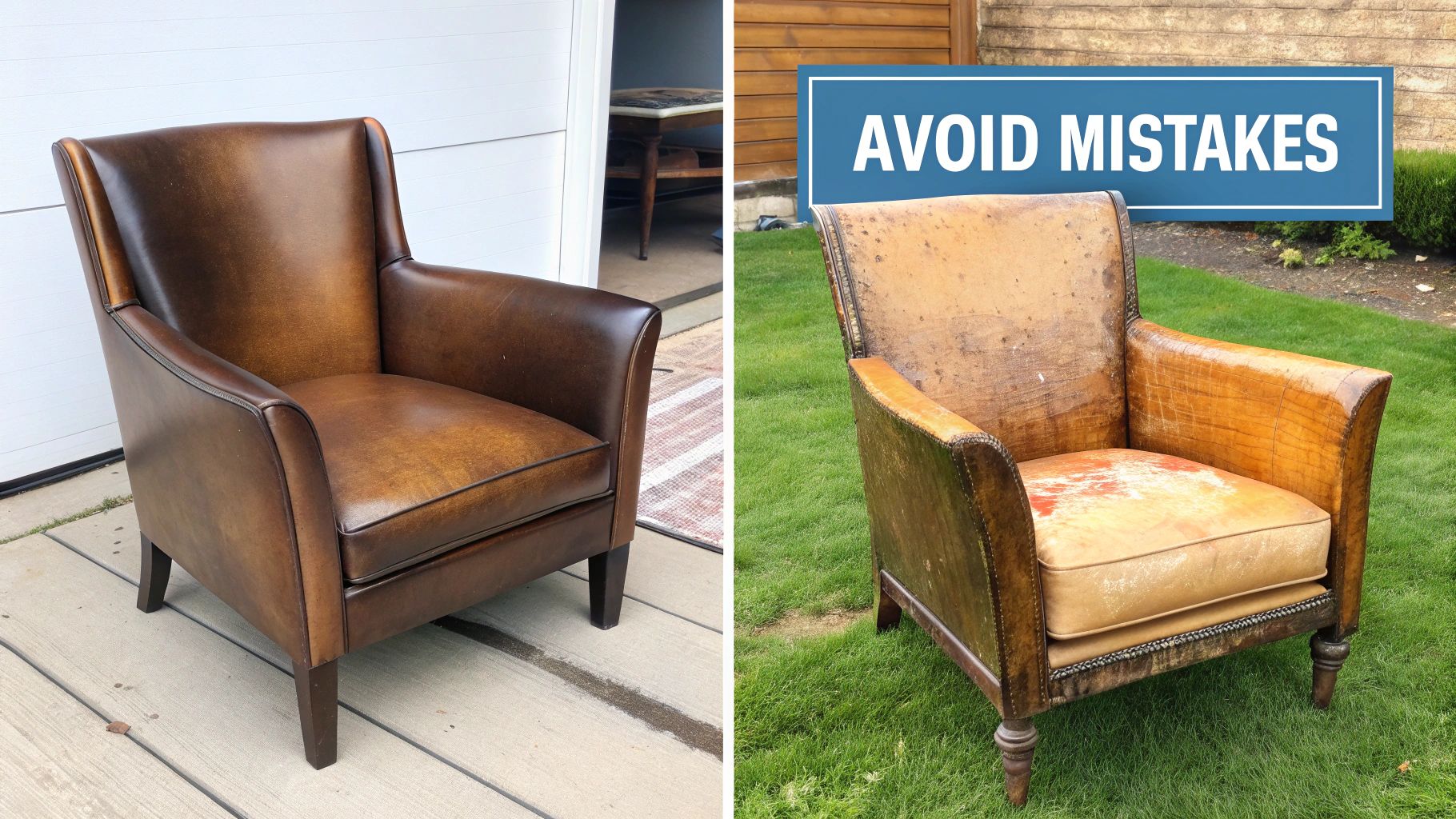 A split image shows a restored brown leather armchair next to a damaged, worn-out armchair, with 'AVOID MISTAKES' text.