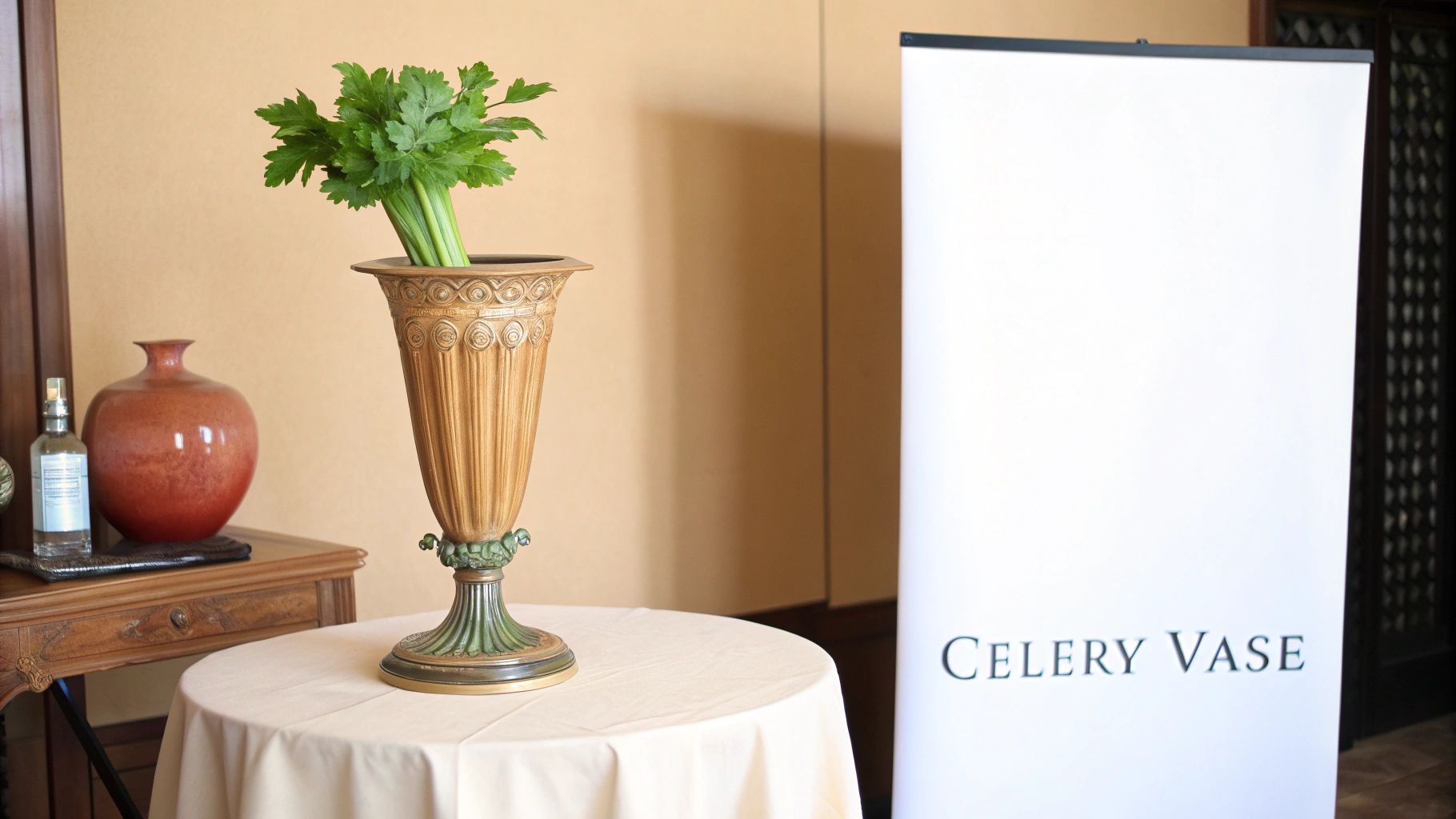 A decorative golden vase holds fresh celery stalks and leaves, next to a sign reading 'CELERY VASE'.