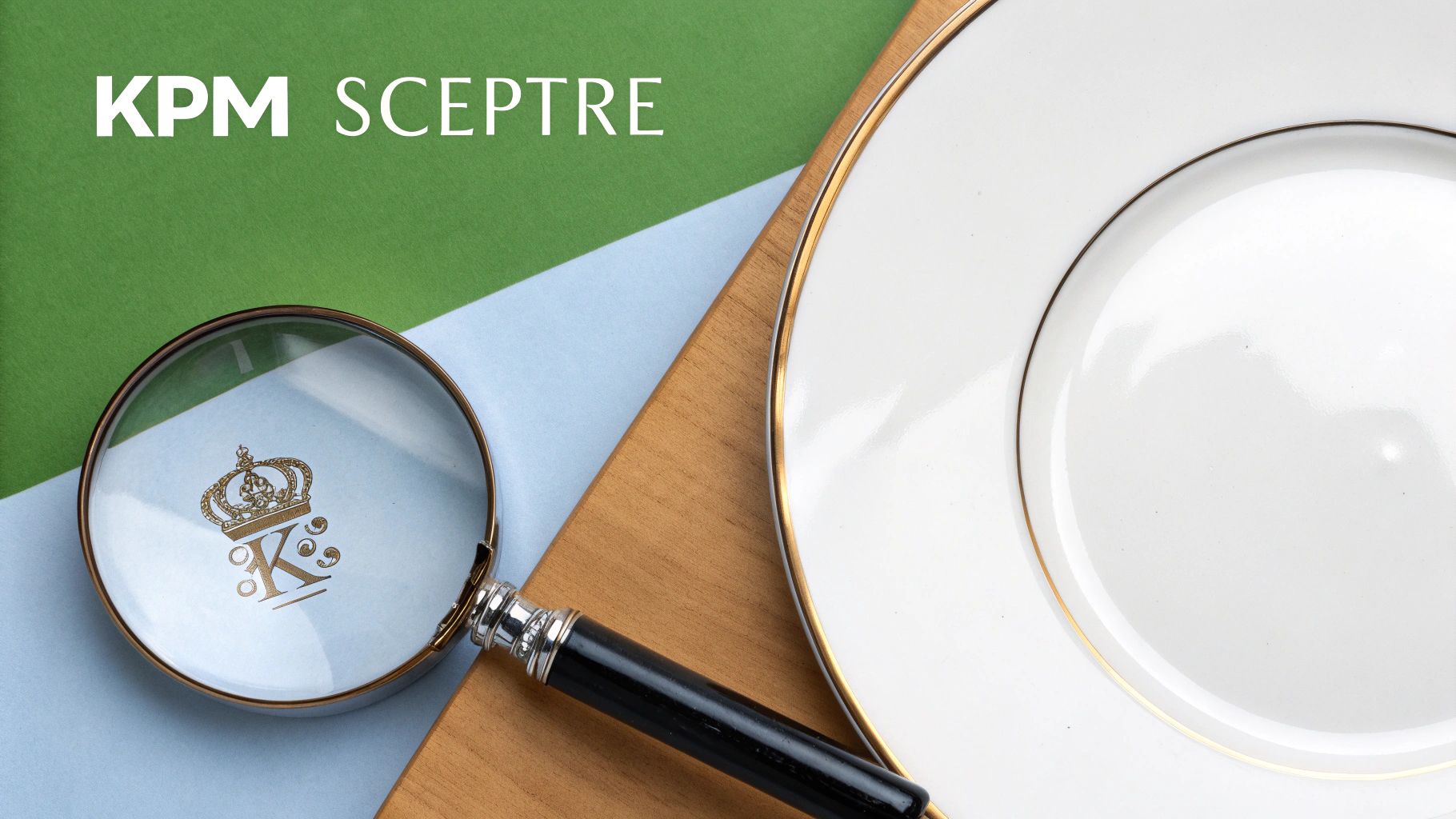A magnifying glass reveals a golden KPM crown logo on a light blue surface, next to a white plate.