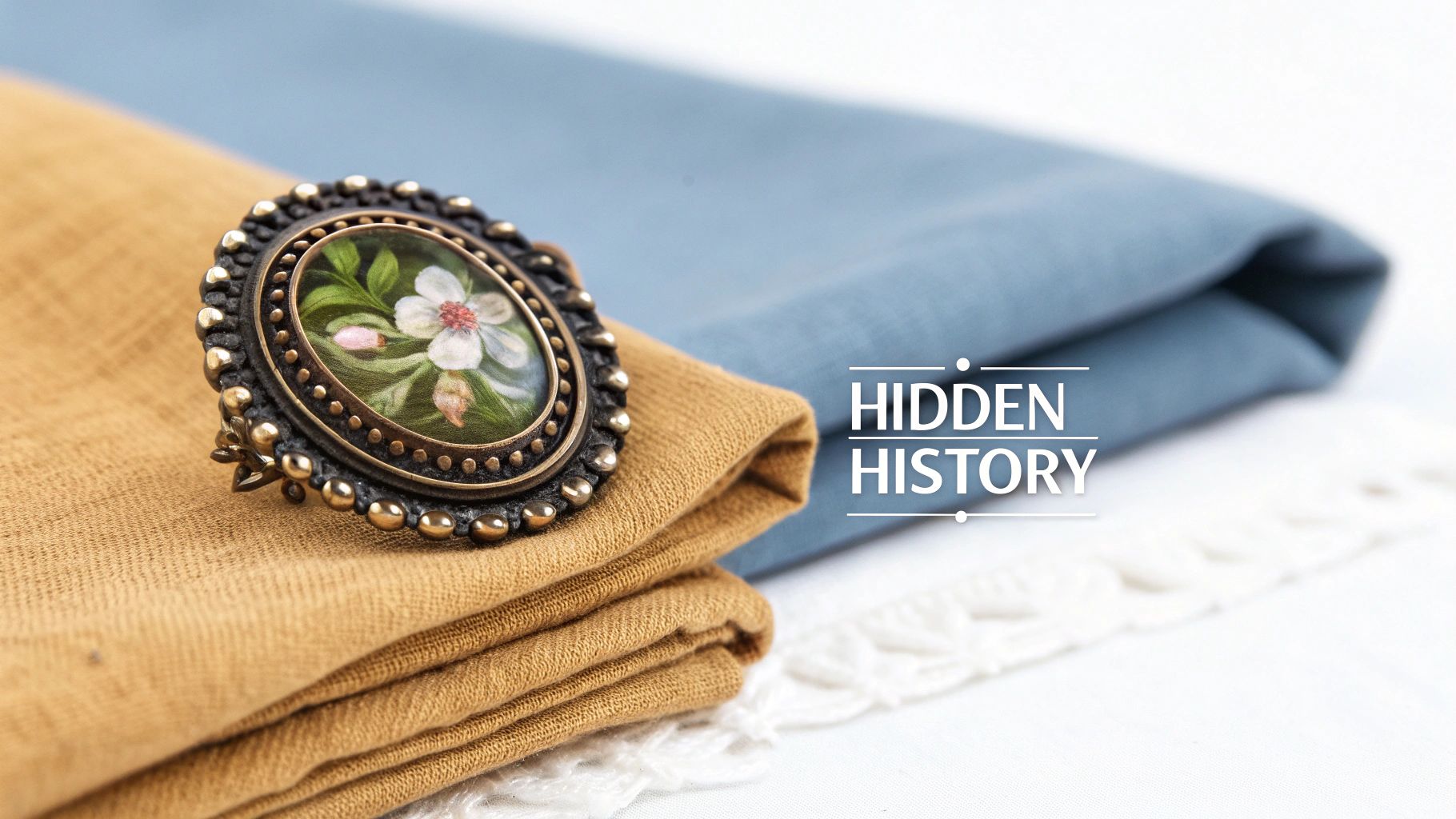 An antique floral brooch resting on folded yellow fabric, beside blue fabric and white lace.