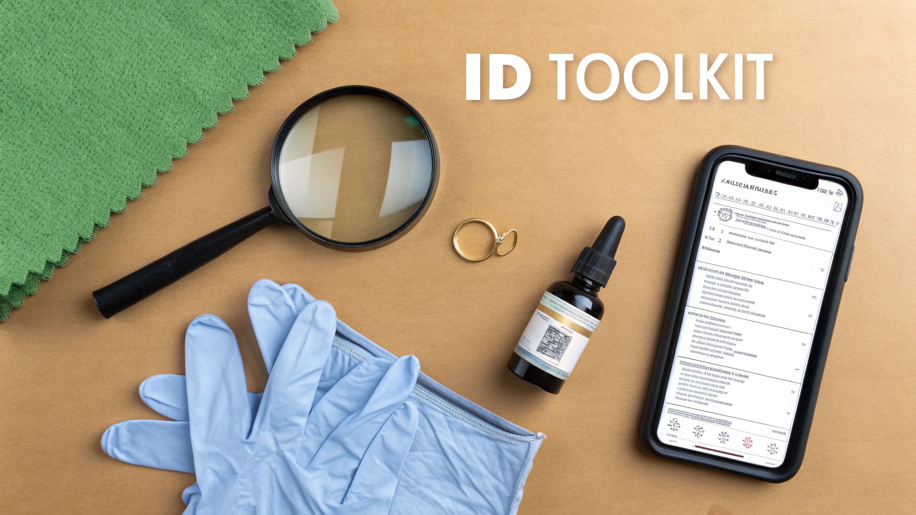 A collection of tools for antique bottle identification, including a magnifying glass, gloves, and a soft cloth, arranged on a wooden table next to an old bottle.