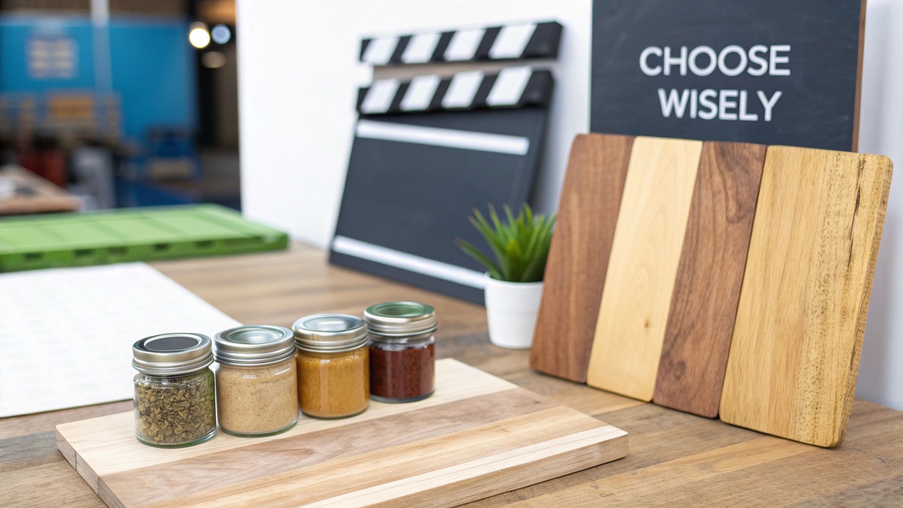 Four jars of spices on a wooden board, next to a multi-wood panel and a 'Choose Wisely' sign.