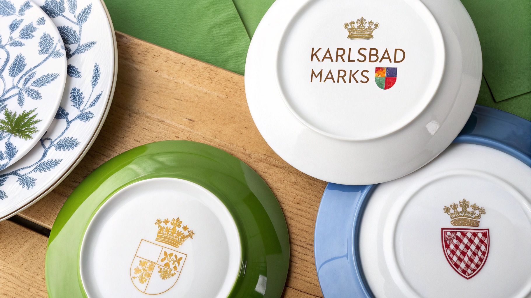 Undersides of porcelain plates showcasing various ornate Karlsbad marks, crowns, and shield designs.