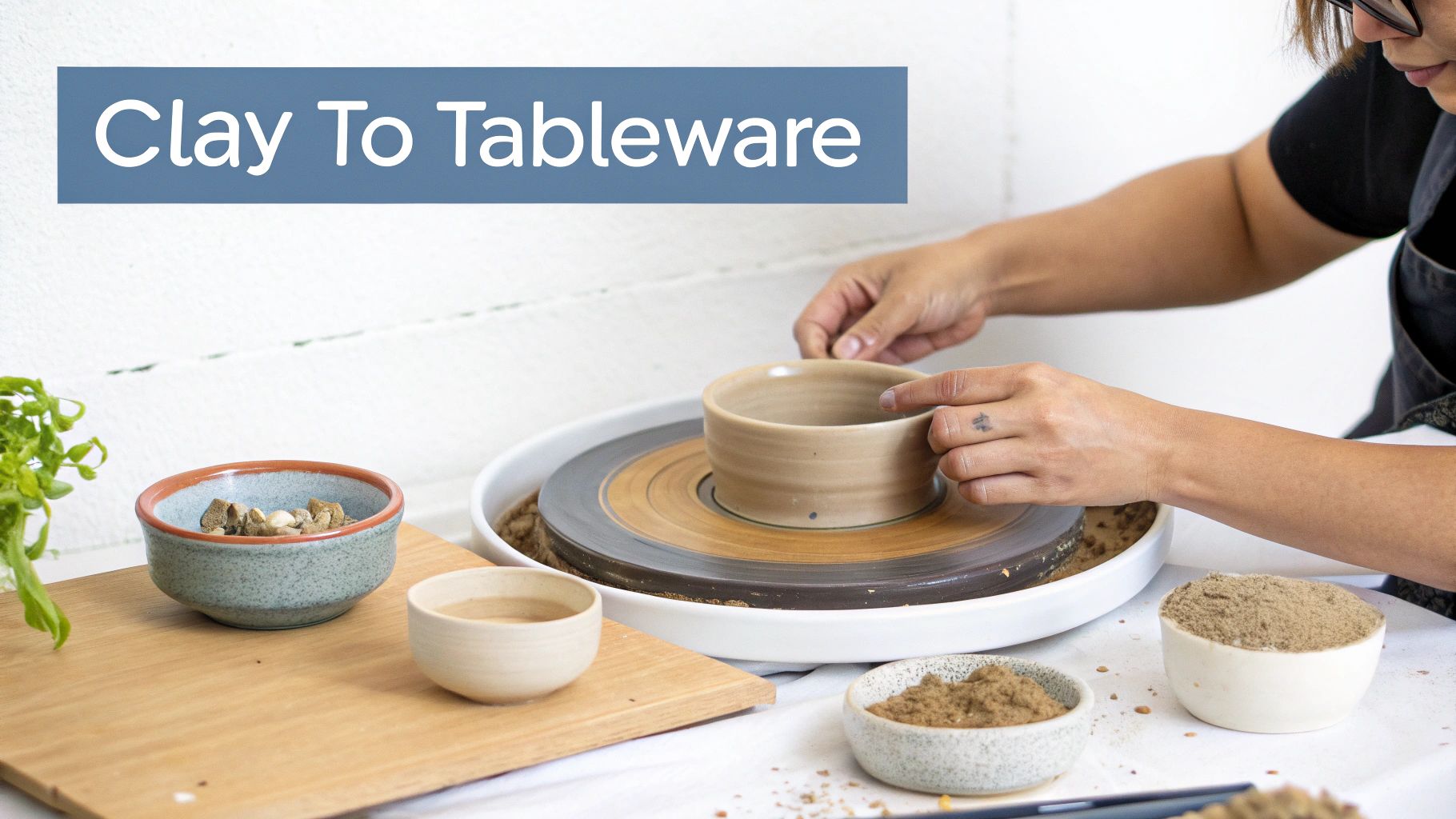 Hands shaping a clay pot on a pottery wheel with bowls of sand and a plant, titled 'Clay To Tableware'.