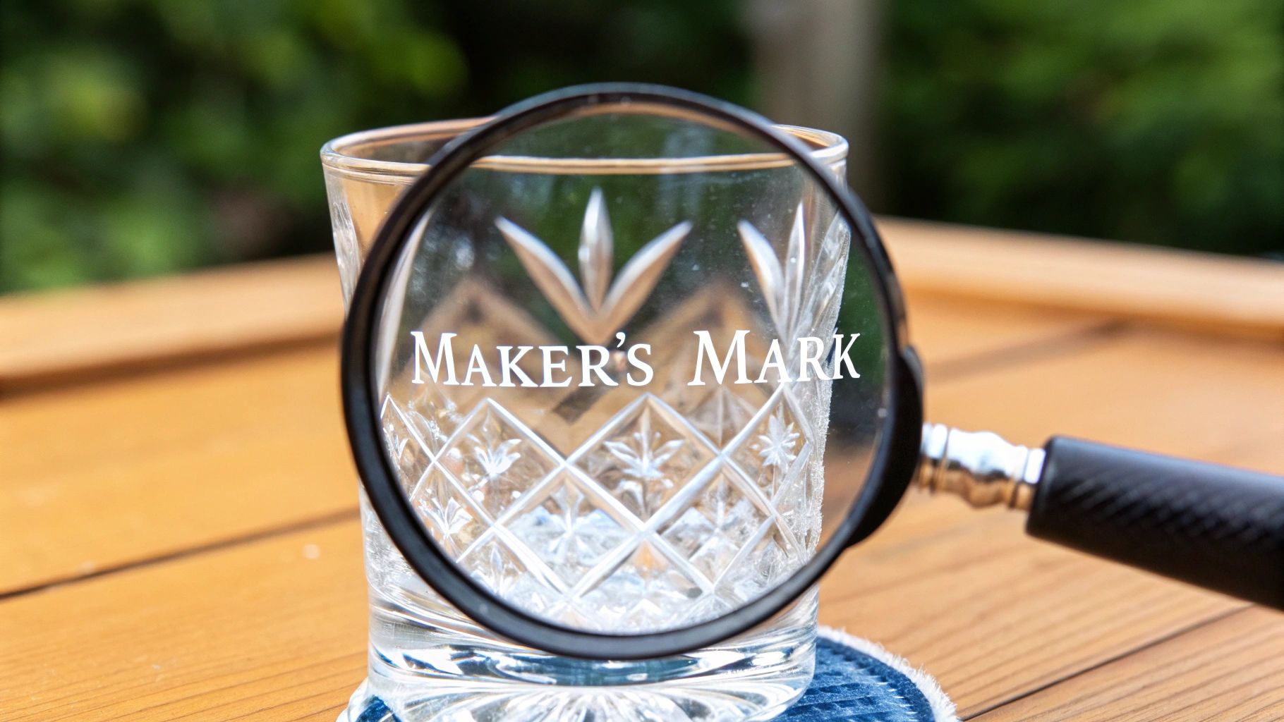 A magnifying glass reveals 'MAKER'S MARK' etched on an ornate crystal whiskey glass on a wooden table.