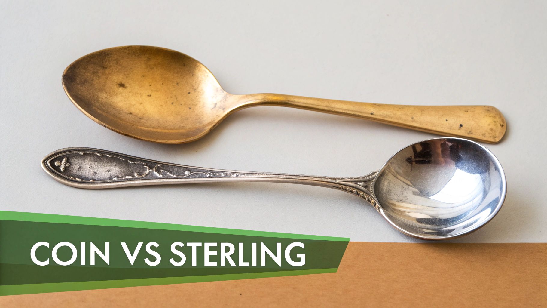 Two antique spoons, one golden coin silver and one sterling silver, laid on a grey and brown surface.