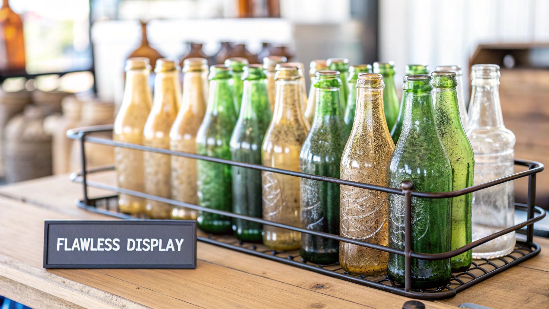 A collection of cleaned, sparkling vintage bottles arranged on a wooden shelf.