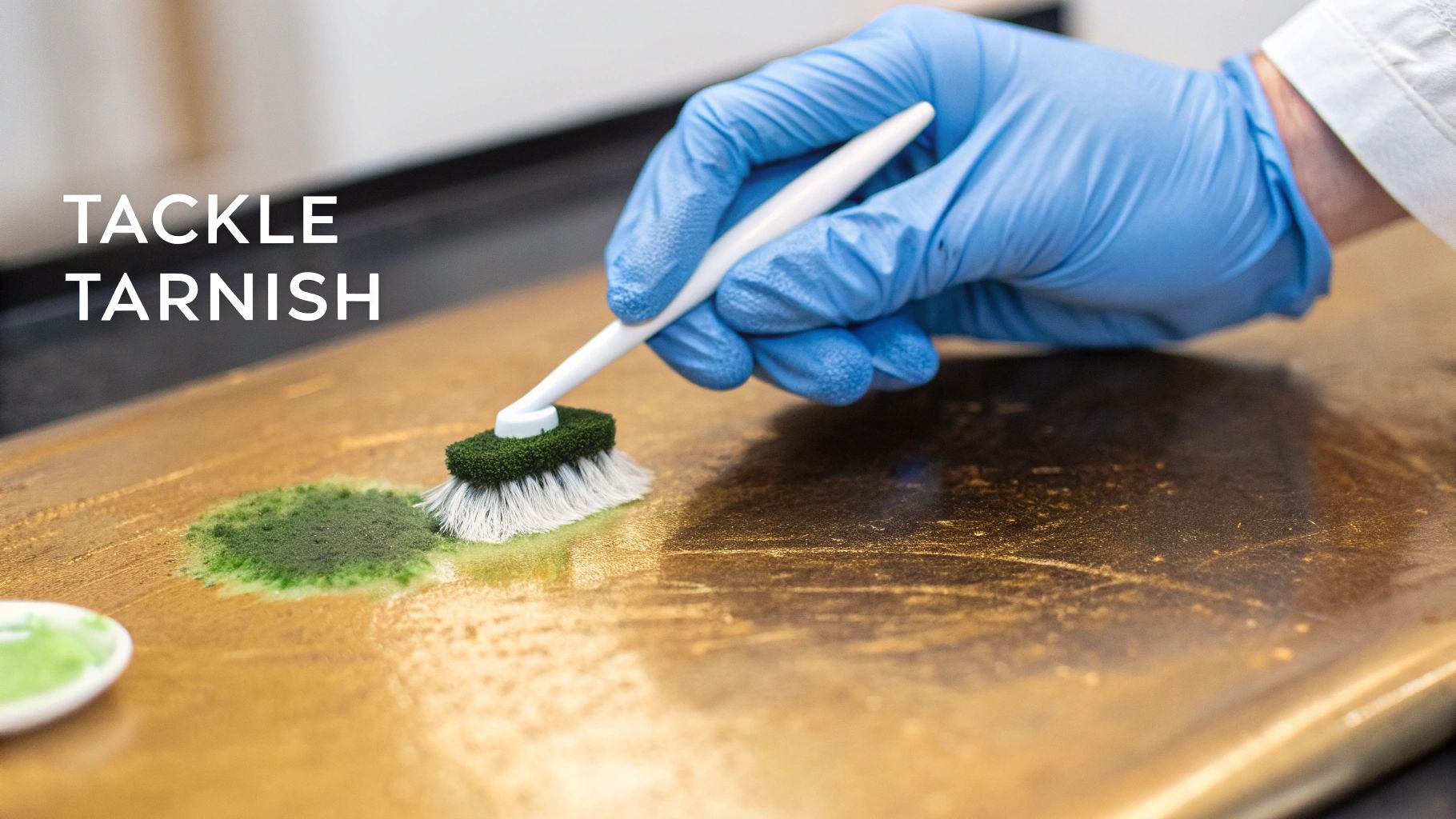 A person in blue gloves scrubs a tarnished bronze surface with a brush and green cleaner.