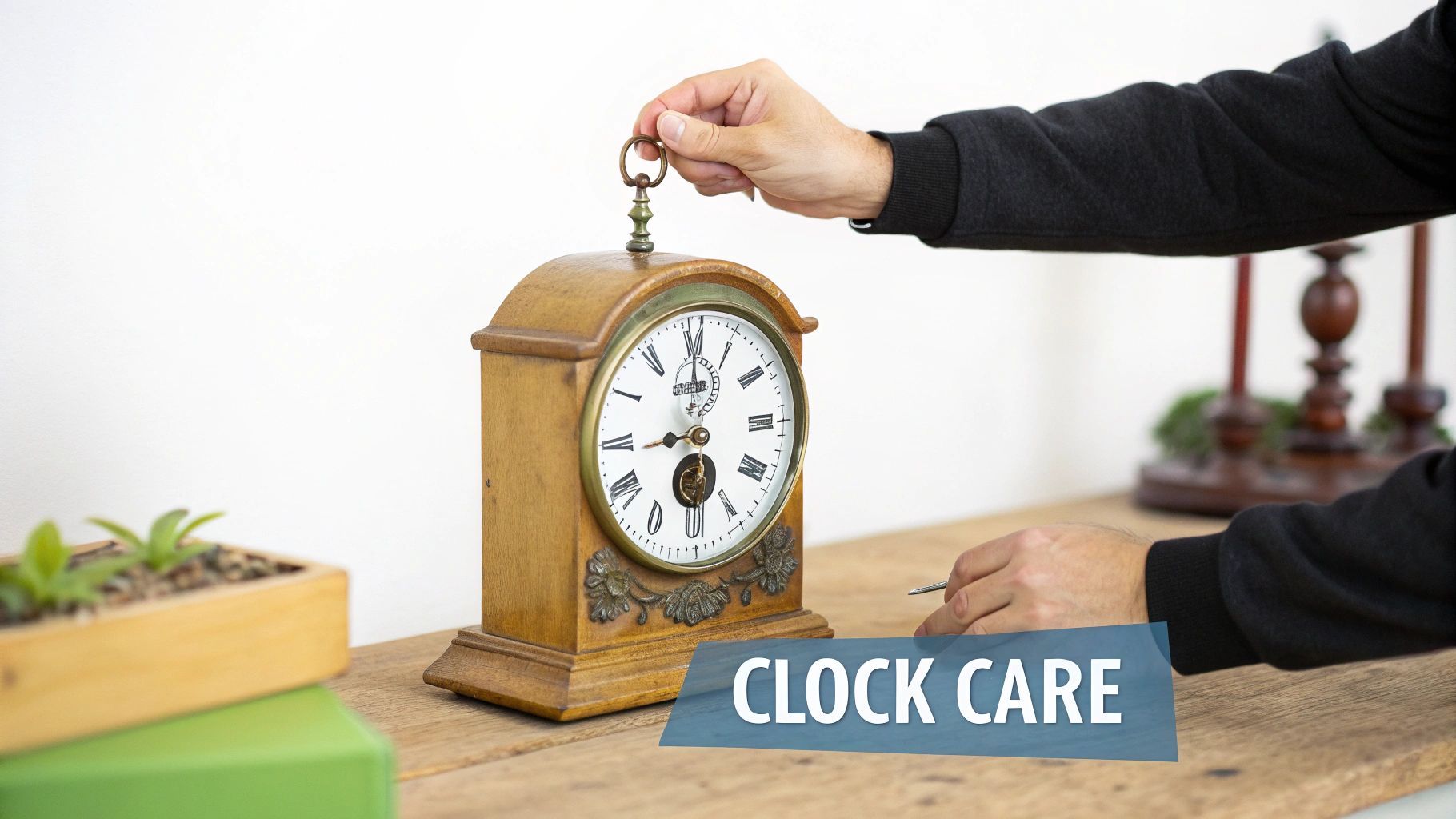 A person carefully winding an antique regulator clock with a key.