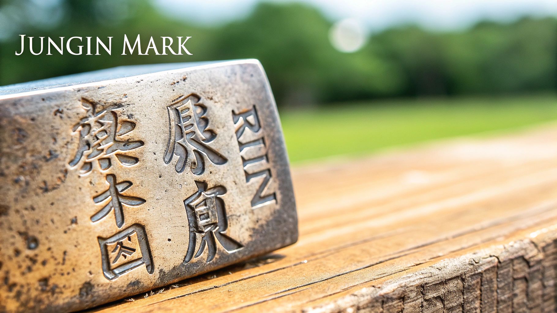 Close-up of a silver bar with Japanese characters and 'RIN' engraved, resting on wood.