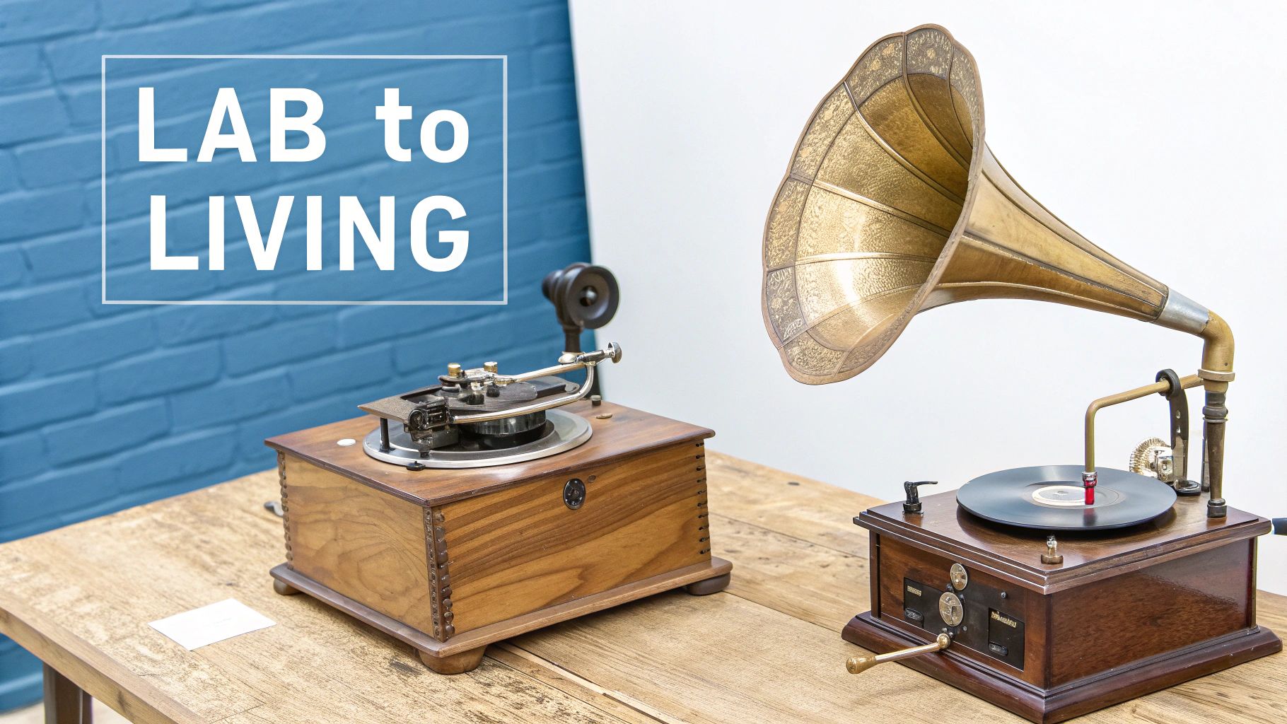 A beautifully crafted gramophone in a vintage living room setting, showcasing its ornate wooden cabinet and horn.