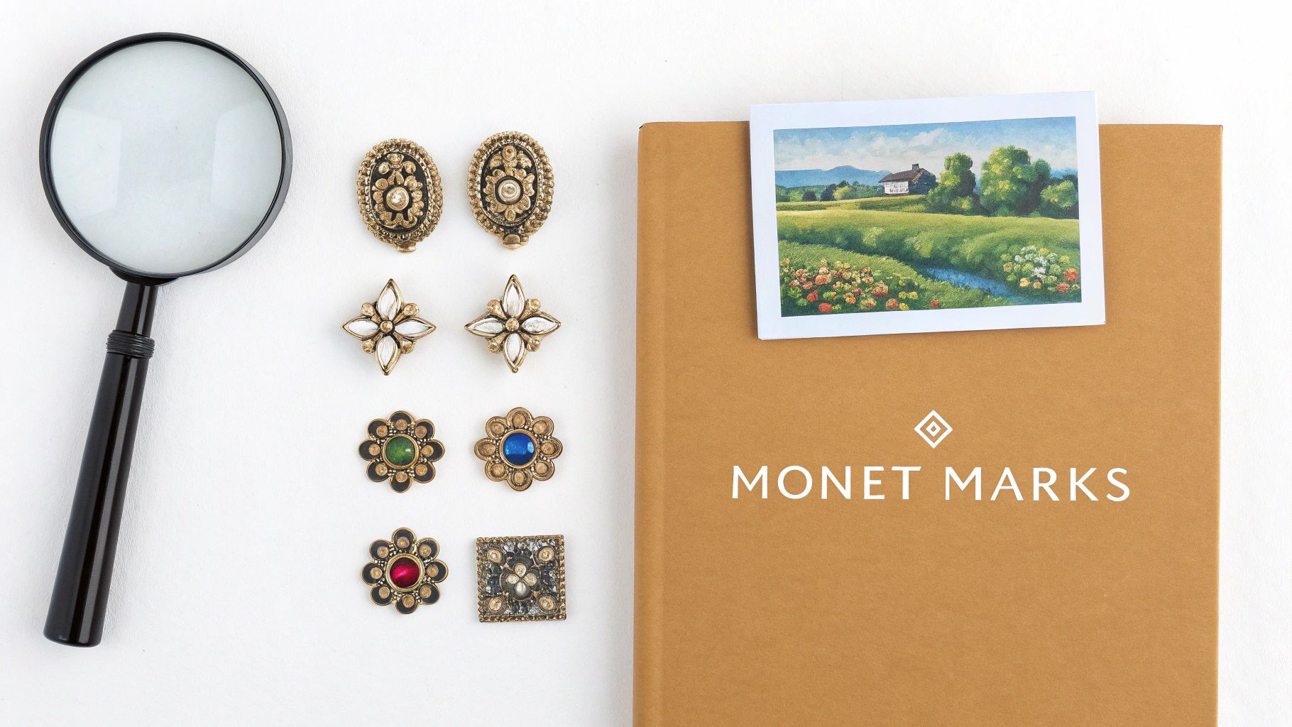 Flat lay of vintage gold Monet jewelry, a magnifying glass, and a book titled 'Monet Marks'.