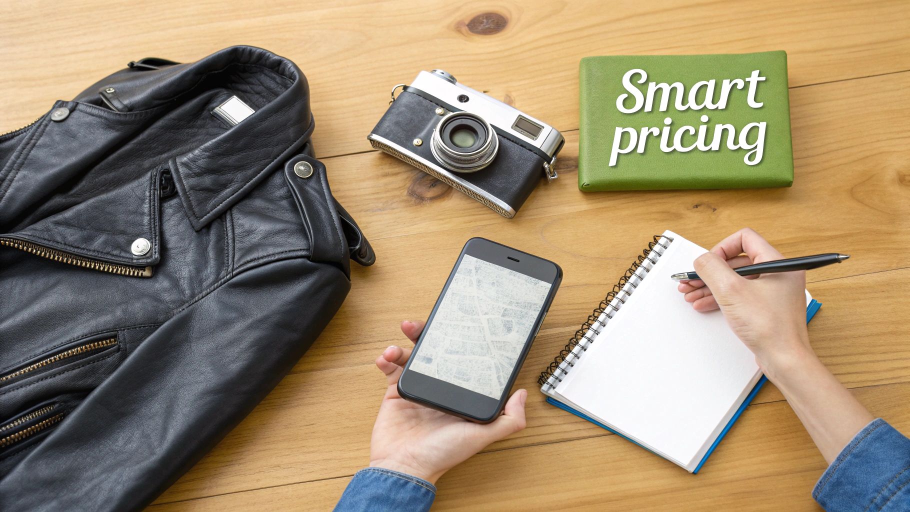 Flat lay of a desk with hands, a smartphone, notebook, leather jacket, vintage camera, and "Smart pricing" sign.