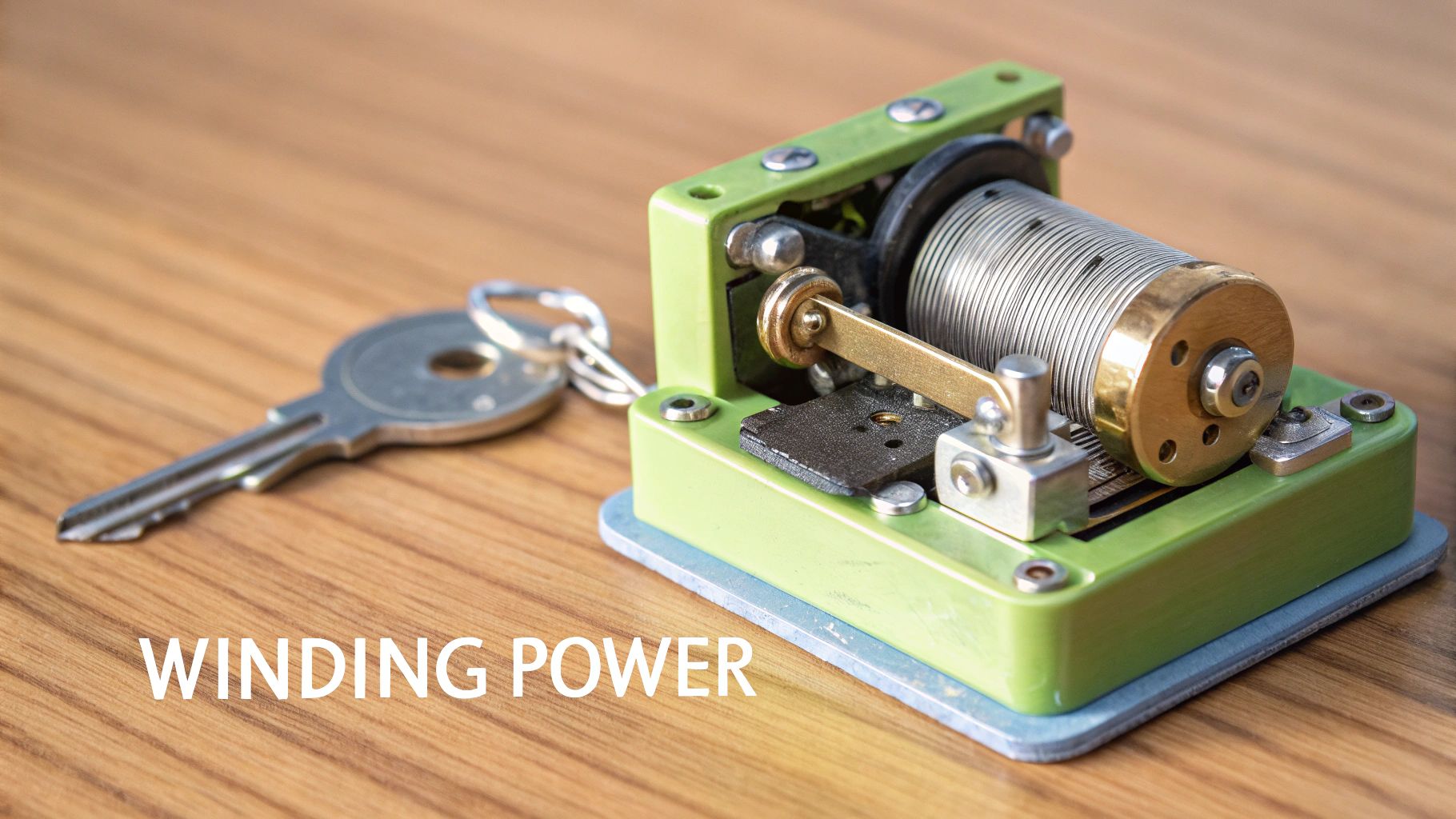 A close-up of a music box winding mechanism and a silver key on a wooden table, implying winding power.