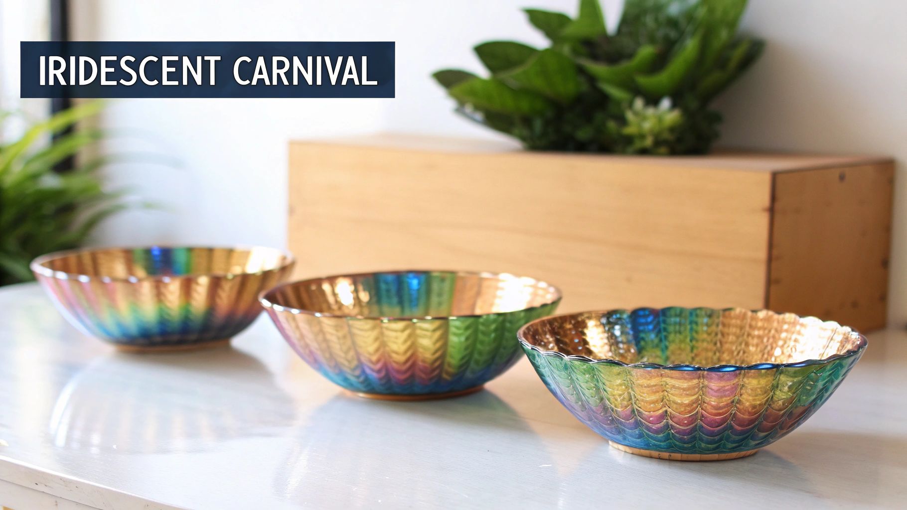 A collection of iridescent Carnival glass pieces, shimmering with rainbow colors under the light.