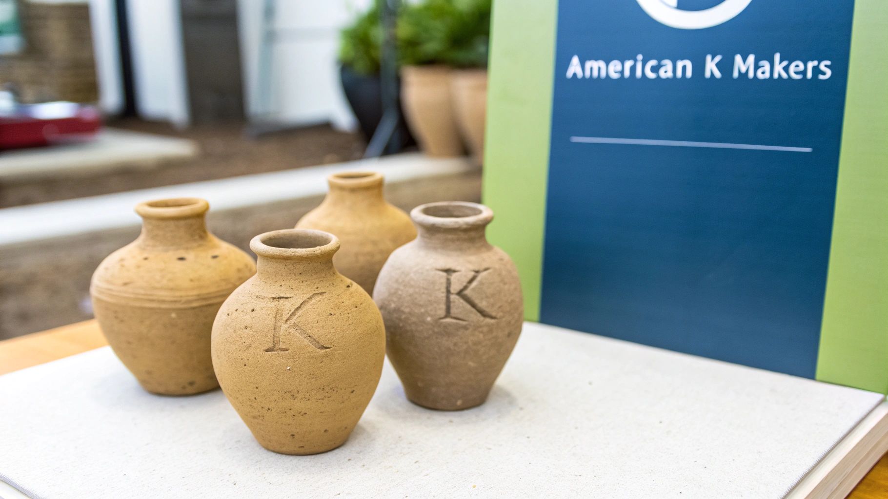 Four light brown pottery vases with an embossed 'K' on them, next to an 'American K Makers' sign.