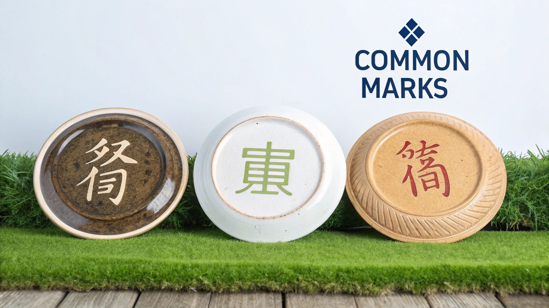 Three ceramic dishes displaying distinct Asian script characters, arranged on green artificial turf.