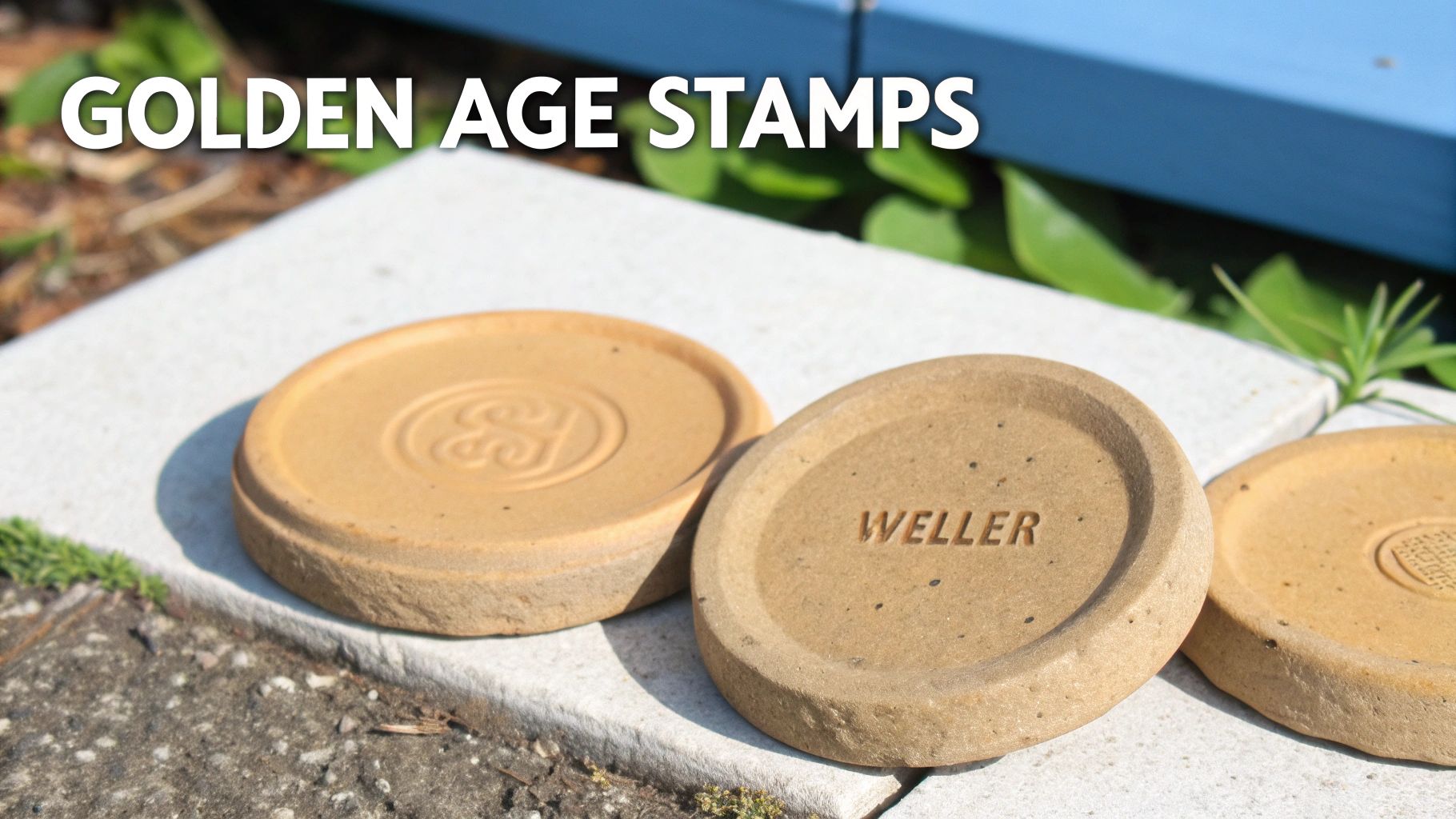 Close-up of three beige pottery stamps with embossed marks, including 'WELLER' and an ornate initial, on a light surface.