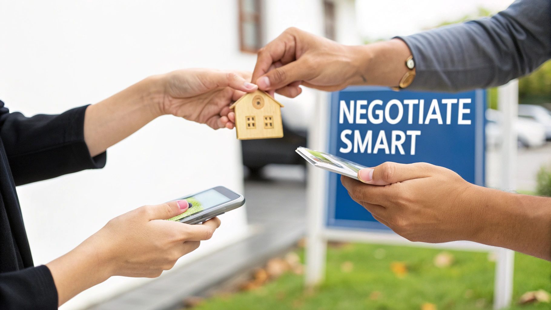 Two people exchanging a house model and holding smartphones next to a real estate sign.