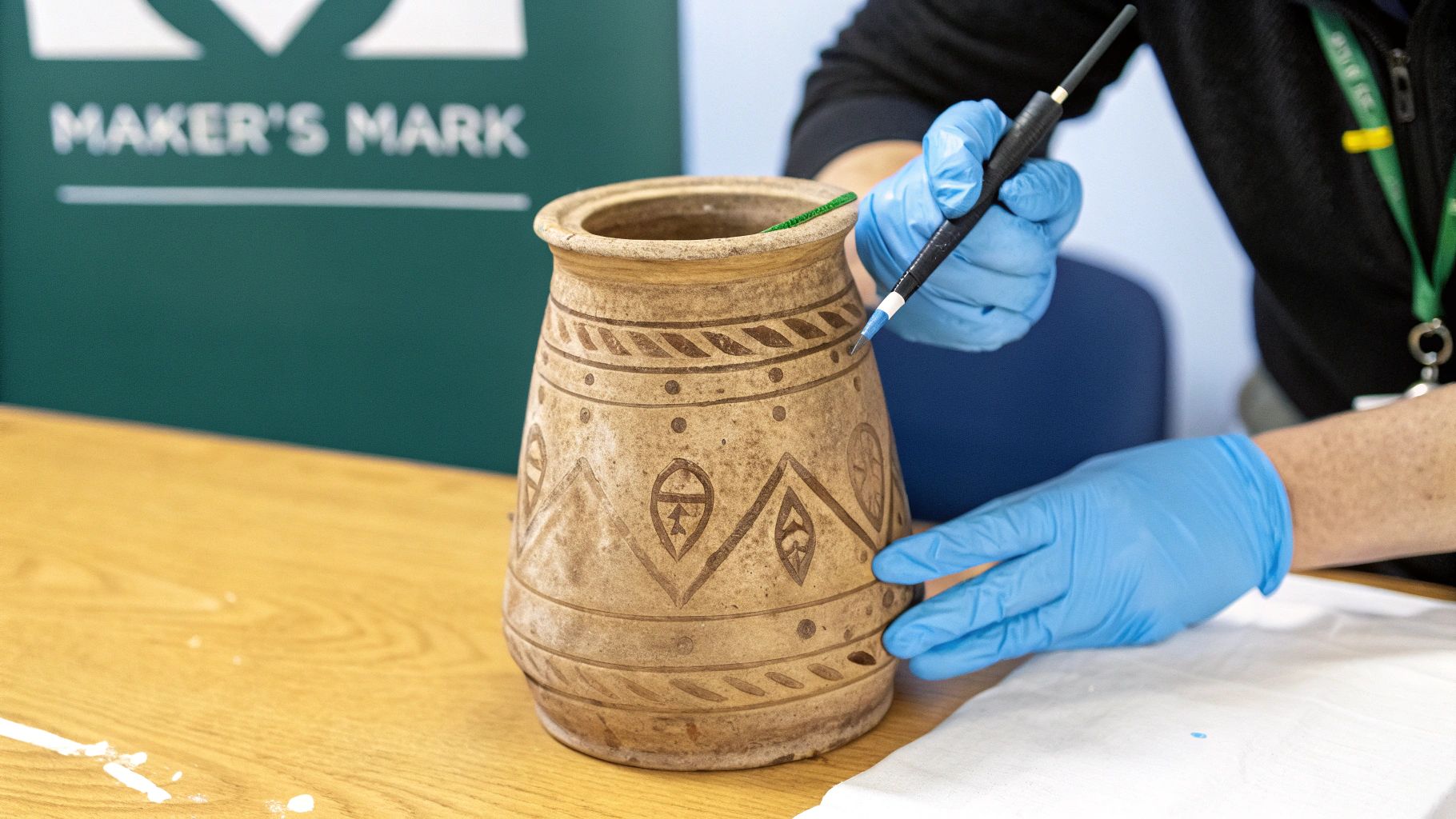 Person wearing blue gloves examining and restoring decorated ceramic pottery vessel at workshop table