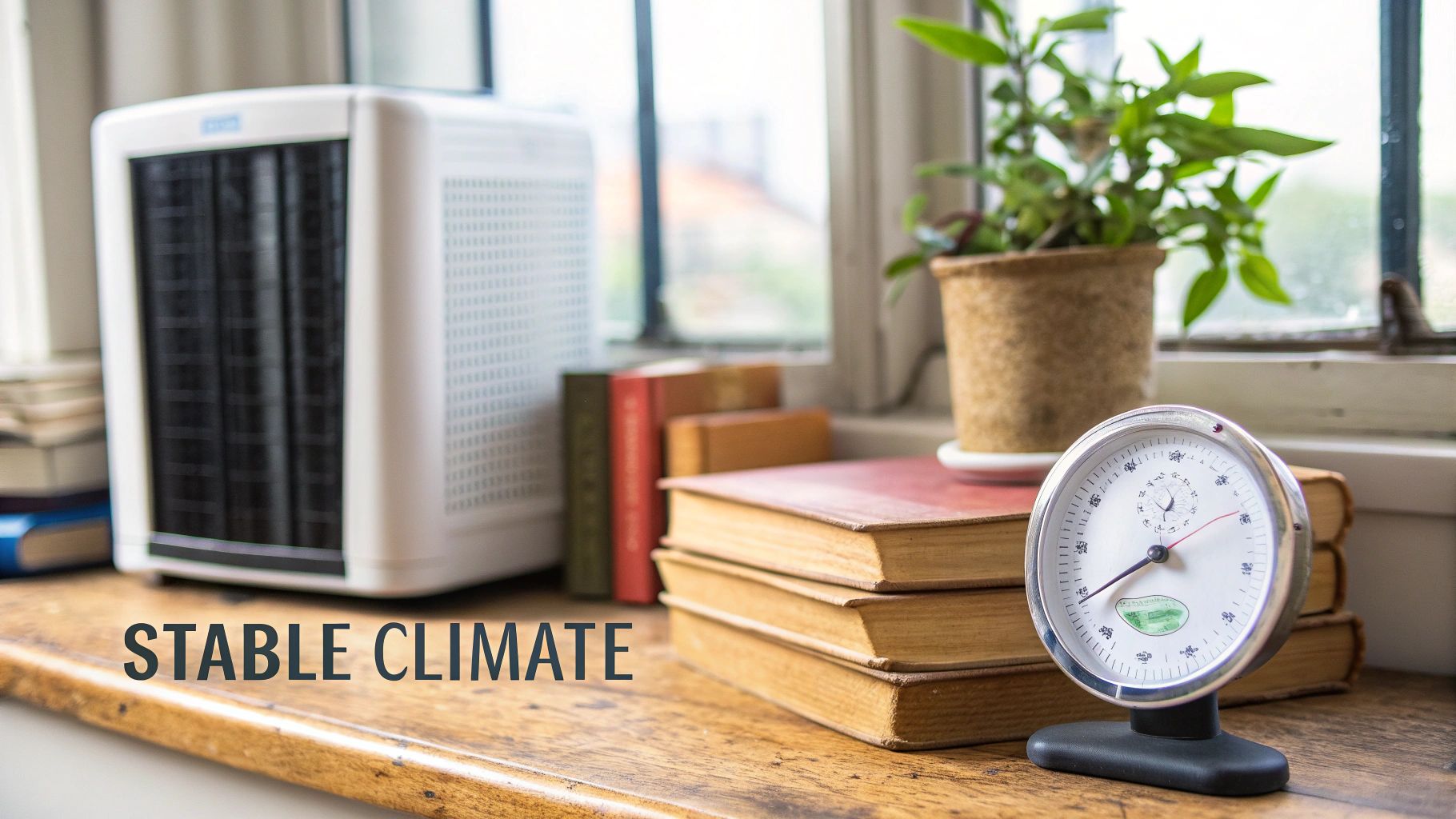 A dark library with books illuminated by a warm lamp, emphasizing a controlled environment.