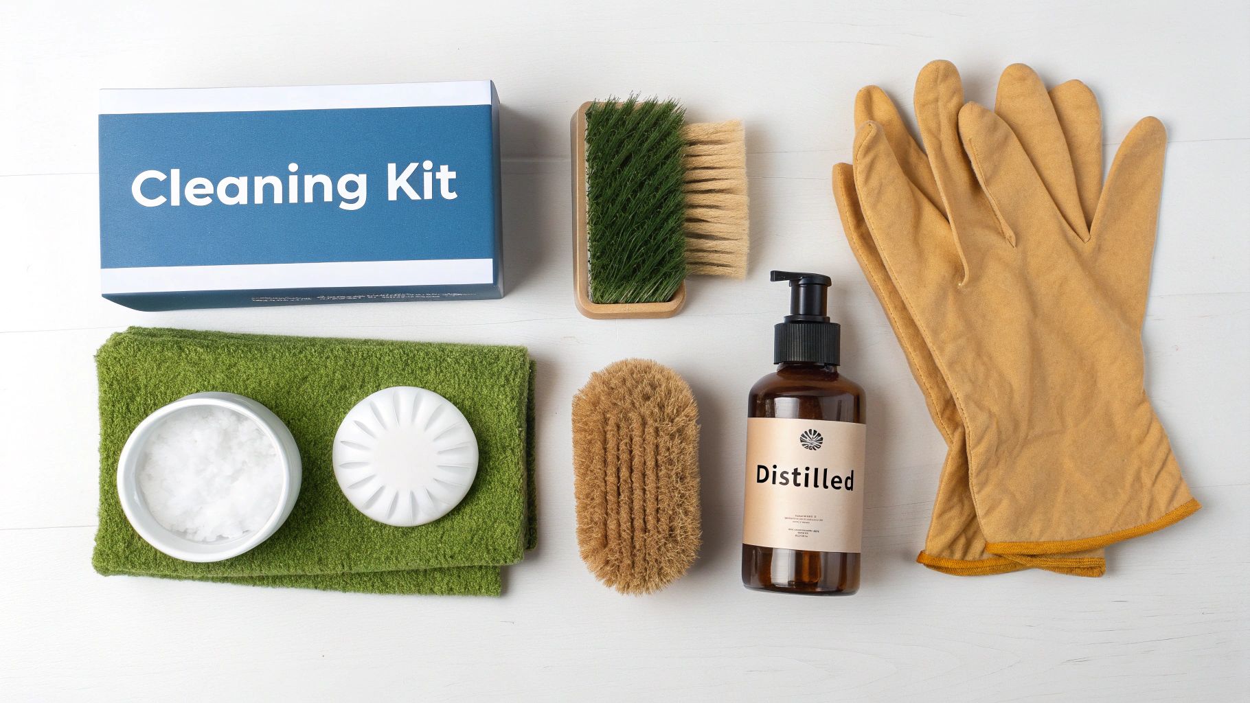 A flat lay of natural cleaning supplies including brushes, a cleaning kit box, a towel, and gloves.