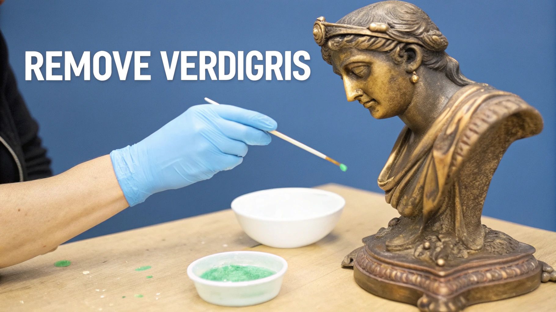 A gloved hand applies a green solution with a brush to a bronze statue to remove verdigris.