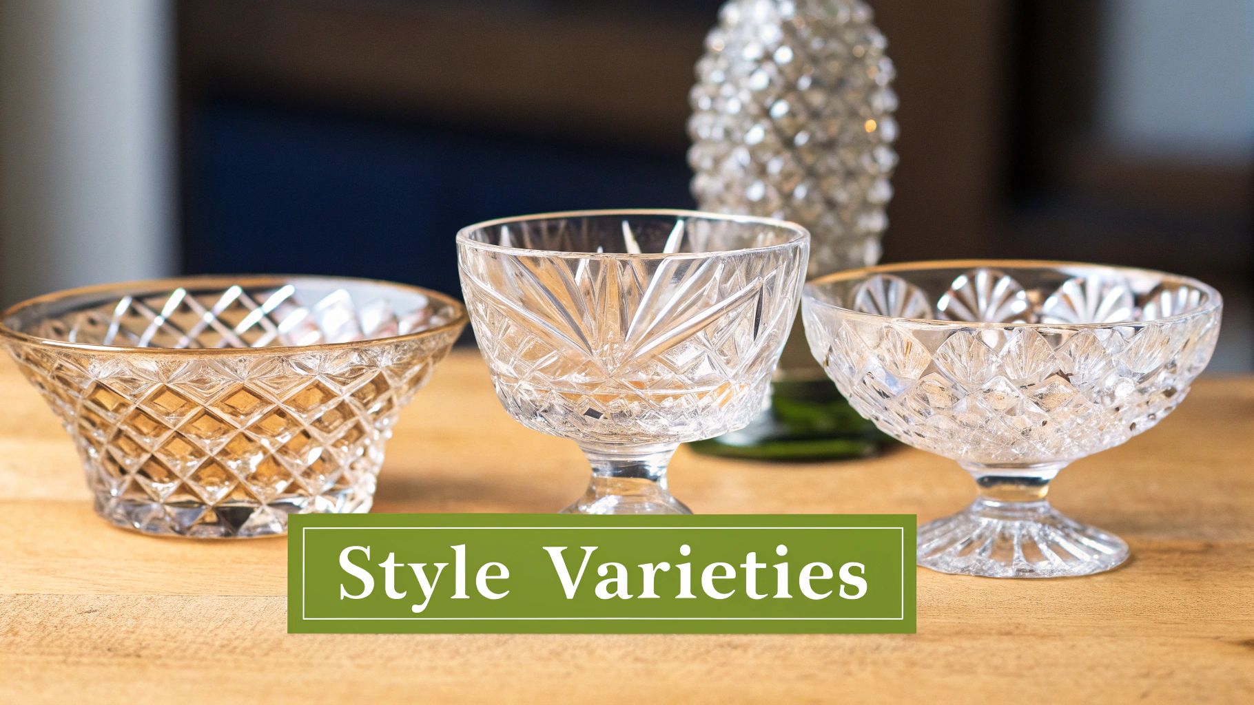 A detailed shot of an antique crystal glass, showing intricate cut patterns and the maker's mark on the base.