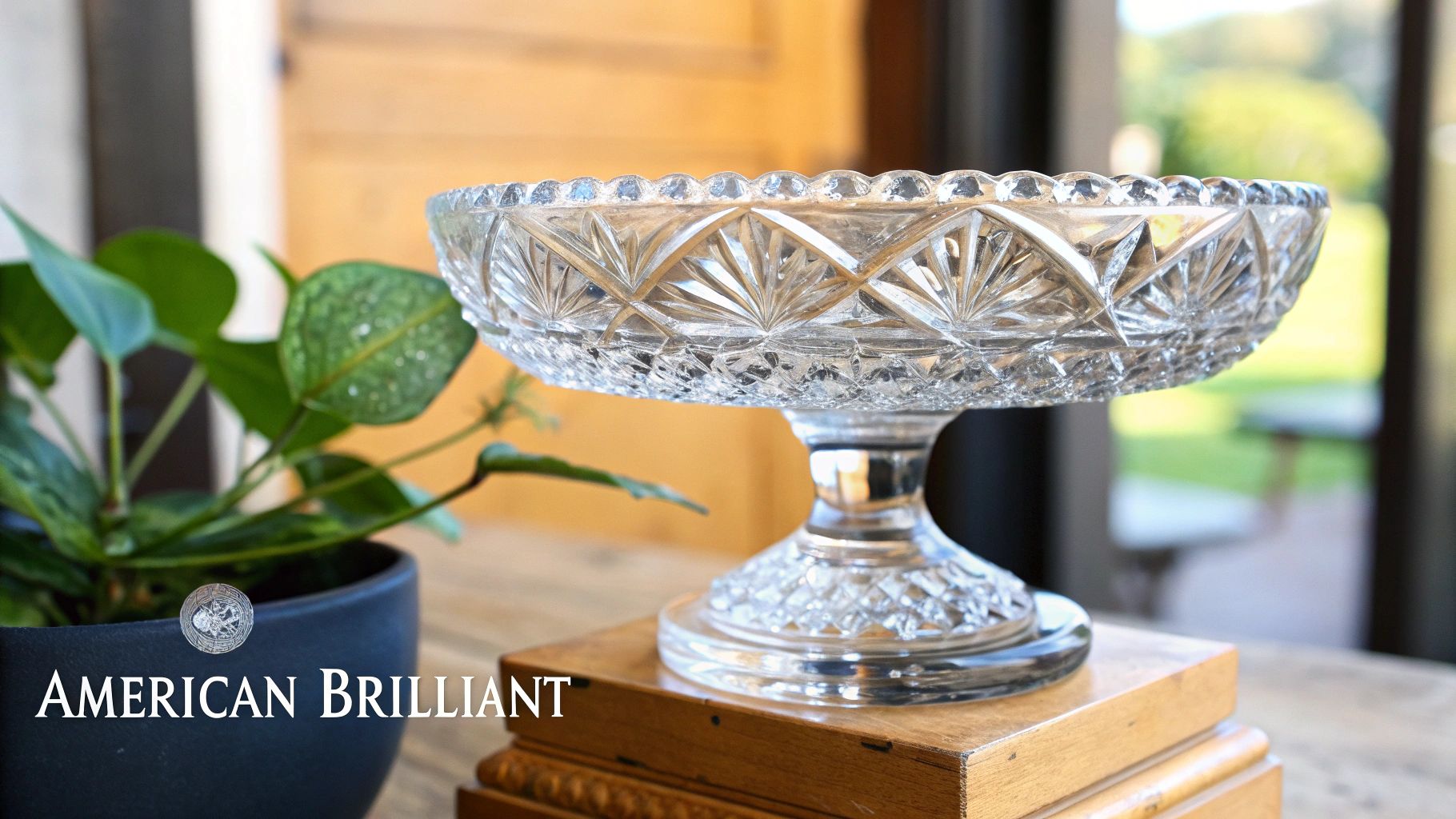 A close-up of a brilliantly cut antique glass decanter, with light refracting through its intricate patterns.