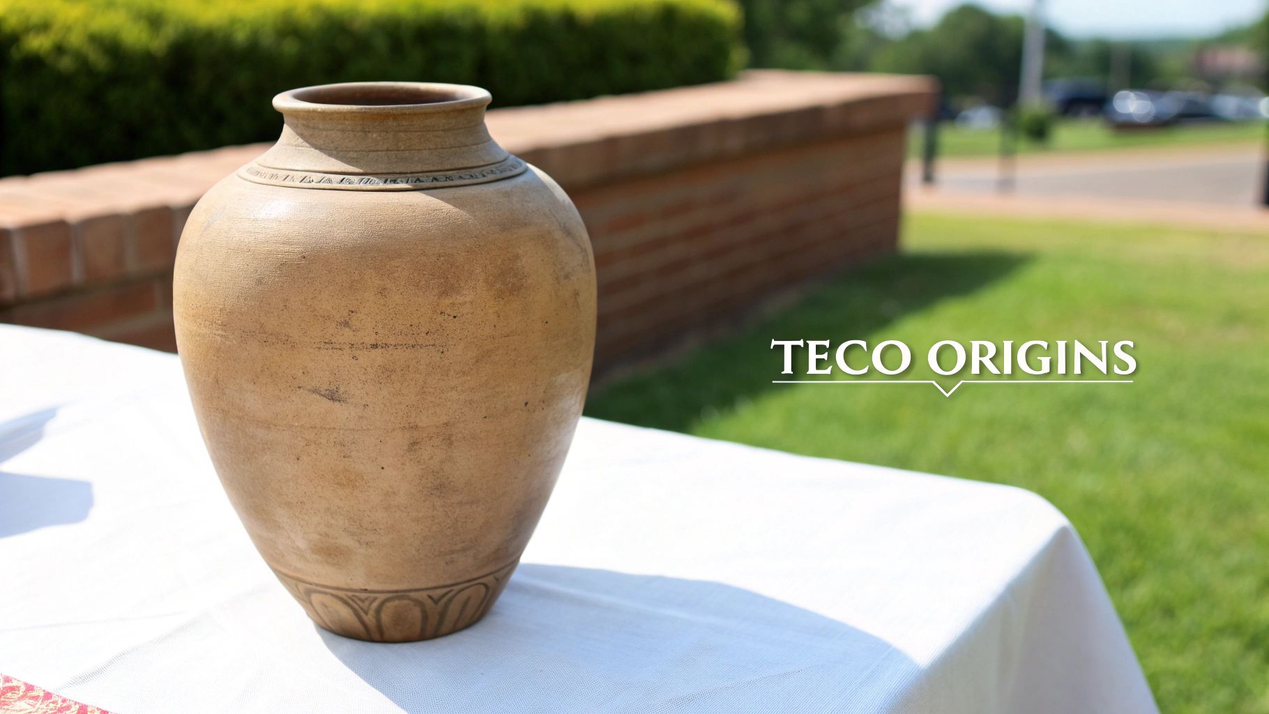 A large, light brown ceramic vase with decorative patterns sits on a white tablecloth outdoors.