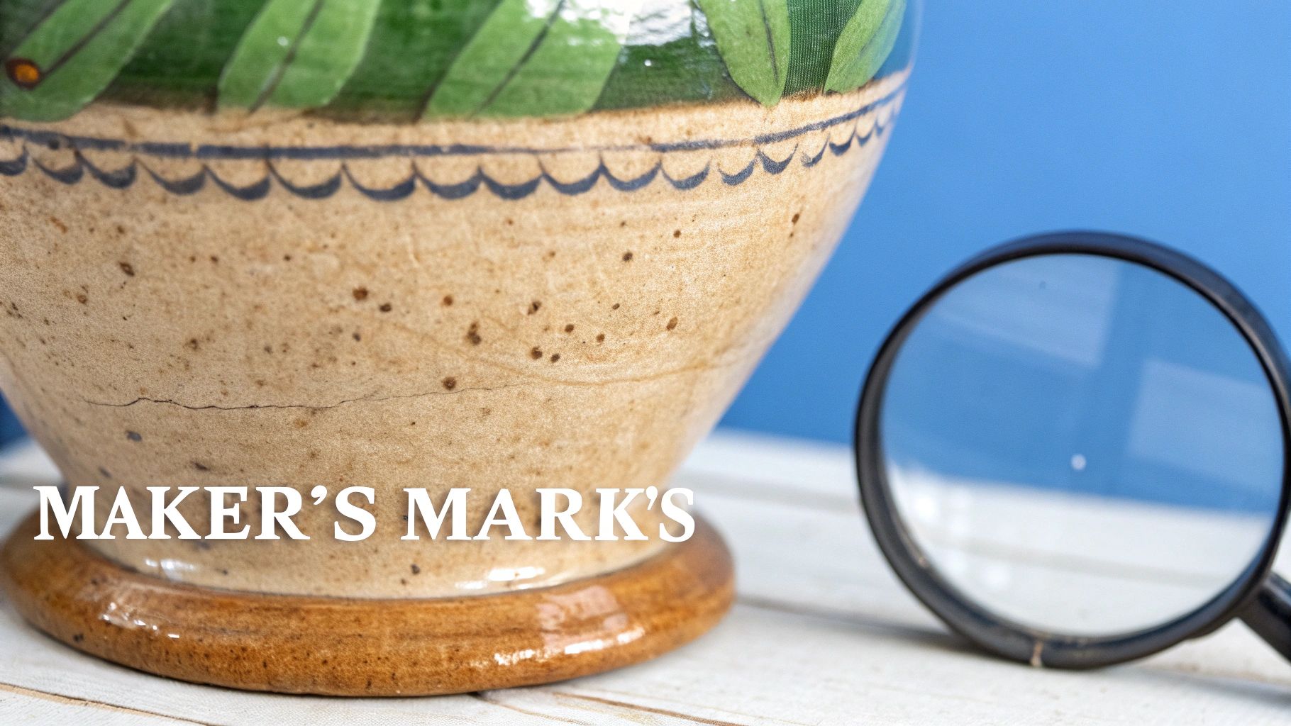 Close-up of a rustic ceramic vase with green leaf design, a magnifying glass, and 'MAKER'S MARK'S' text.
